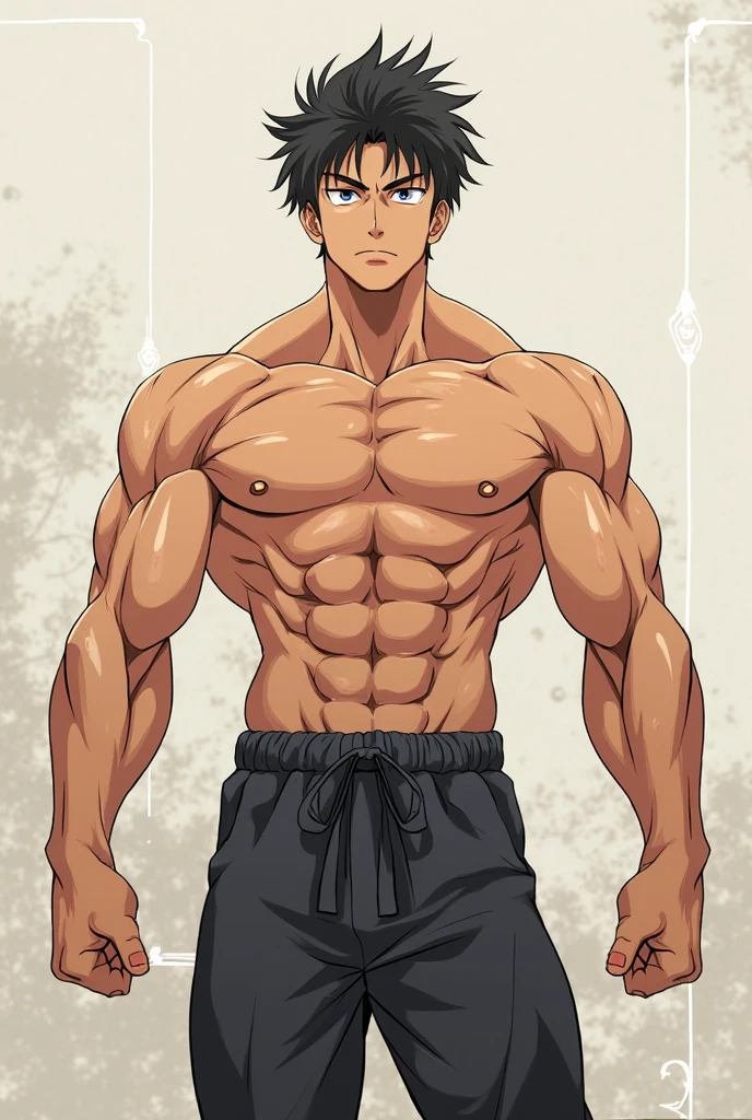 Roy Mustang from Full Metal Alchemist, wearing swimsuit, smug smile, bodybuilder, defined body, posing, shirtless, abs, big legs, white empty room