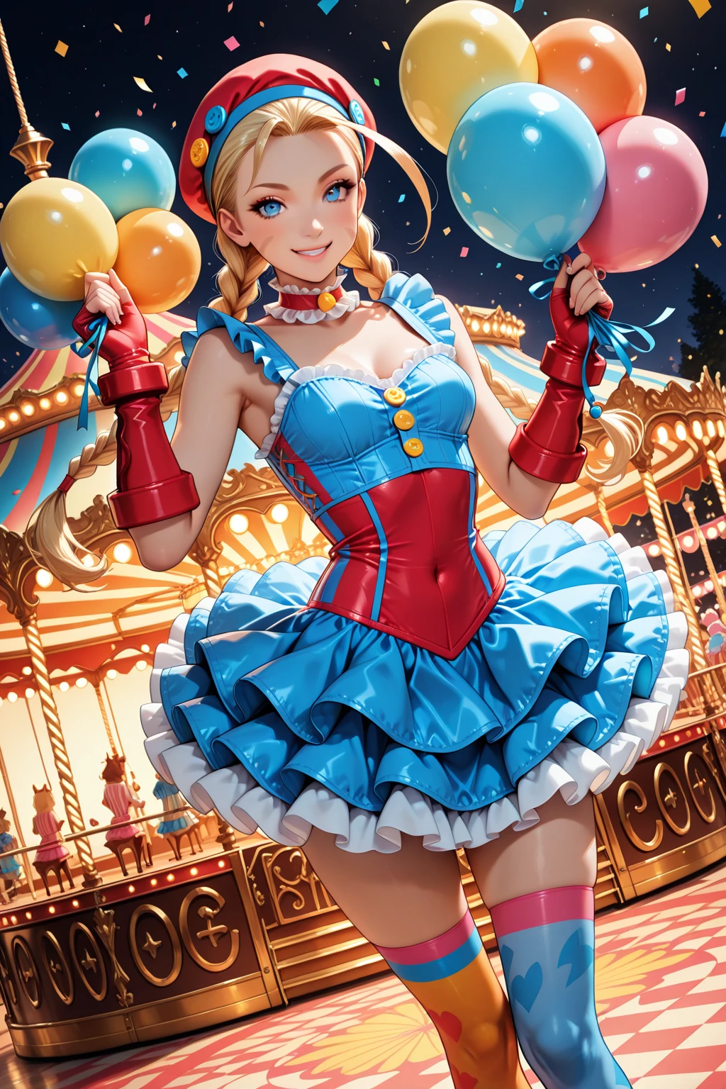 ((Best Quality, 8k, Masterpiece: 1.3)), 1 woman, full body, smiling beautiful girl with many balloons, (blonde, twin tails) (big: 1.3, cleavage), cut abs, revealing, colorful clown outfit, ultra-detailed face, (detailed eyes, double eyelids, color contacts, eye catch, catch light, long eyelashes), balloons are multicolored, Various balloon designs, Sony α7, 85 mm, f / 1.4, ISO 100, Ueno Park,