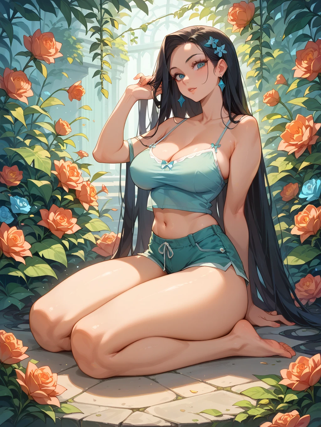 extremely delicate and beautiful, Amazing, finely detail, masterpiece, ultra-detailed, highres,best illustration, best shadow,intricate,sharp focus,  high quality, woman, solo, long hair, curvy, milf, giant breasts, sexy body, yoga pants, camisole, Glowing yellow eyes, genshin impact, glass greenhouse, flowers in pots, flowers for sale, woman looking at flowers, flowers everywhere