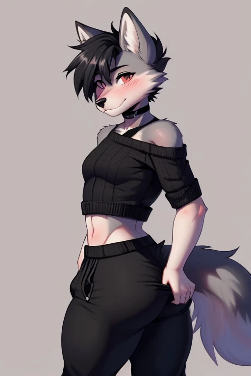 anthropomorphic dog, female, white fur, short black hair, blue colored eyes, simple background, black sweatshirt, Half-open sweatshirt zipper, bra strap showing, short black shorts, black drag tights