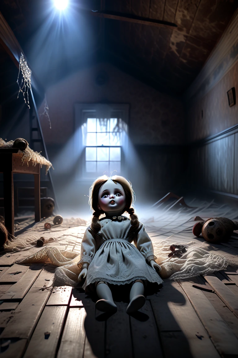 Night room. Creepypasta is a scary entity in the form of a cute, beautiful doll with very large eyes. A creepy look from the shadows. Rembrandt's style. (minimalism: 1), high detail, Greg Rutkowski.