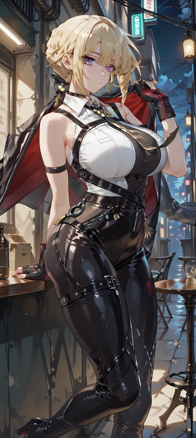 (best quality, highres:1.2, ultra-detailed,  ), woman, walking in the night city streets, catwalking, elegant walking, ultra-long hair, extremely detailed face, enhanced lips, enhanced eyelashes, sharp eyes, glowing eyes, lri, simple Kunoichi suit, legs, holding down a katana, simple smile, expressive, dark suit Kitana's outfit from MKII, night cityscapes, ultra-detailed city, full body shot, prepotent and confident walk, fingerless gloves, studio lighting, 1 person,