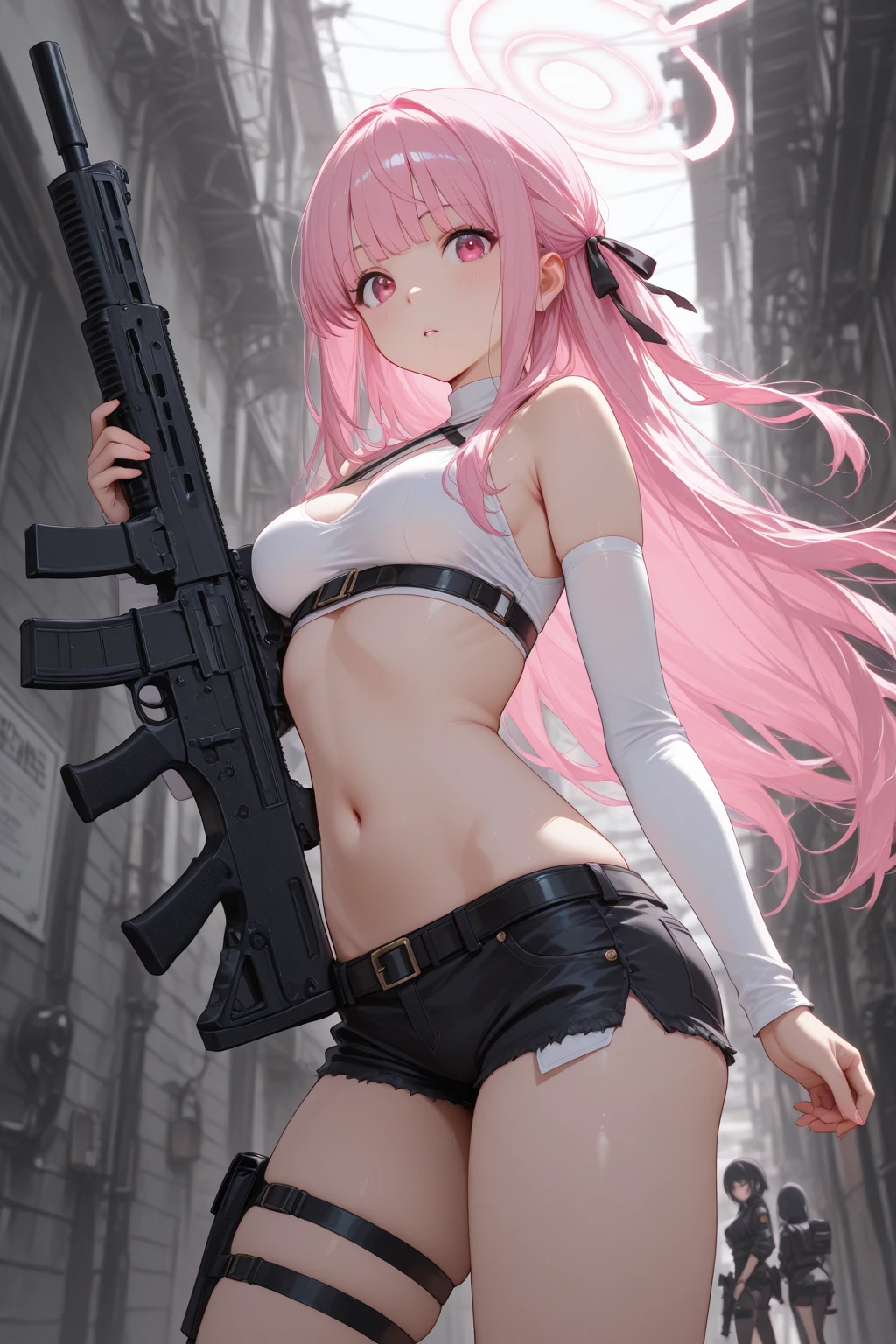 masterpiece, best quality, absurdres, guns akimbo, (looking at viewer:1.3), smile, holding, weapon, teeth, holding weapon, gun, leaning forward, parody, holding gun, handgun, dual wielding, wide-eyed, crazy eyes, crazy smile, haruno sakura, side bangs, forehead mark, red hairband, red sleeveless dress, white pants, navel, midriff, pink medium hair, green eyes