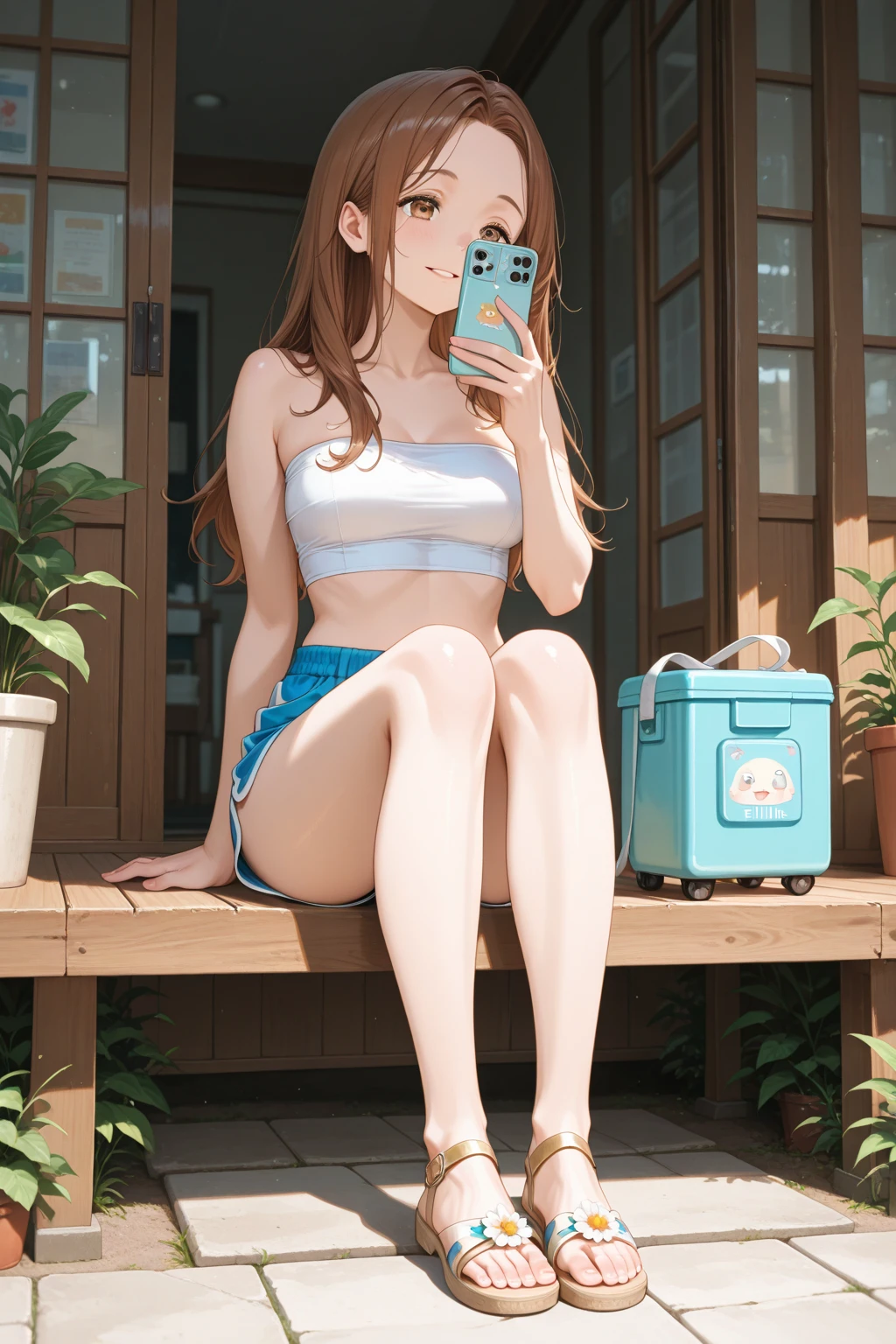 photograph , self snap, beautiful illustrations, highest quality, From above, city, ((garden)), pretty mini , 4th grade elementary school student、, small breasts, flat chest , compensate, Are standing, closed mouth, joy, smile, (redhead), long straight hair, purple eyes, ( hot pants), (Tank top) , sexy, nice thighs, Shining thighs, shiny skin, sexy, NSFW, nude,