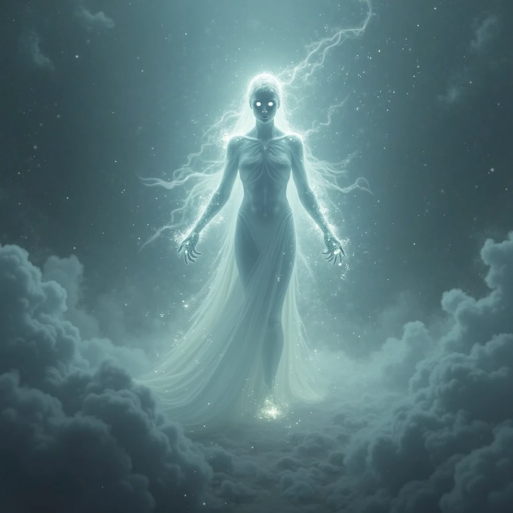 Man of white light,write"light Walker " at the bottom, background very bright