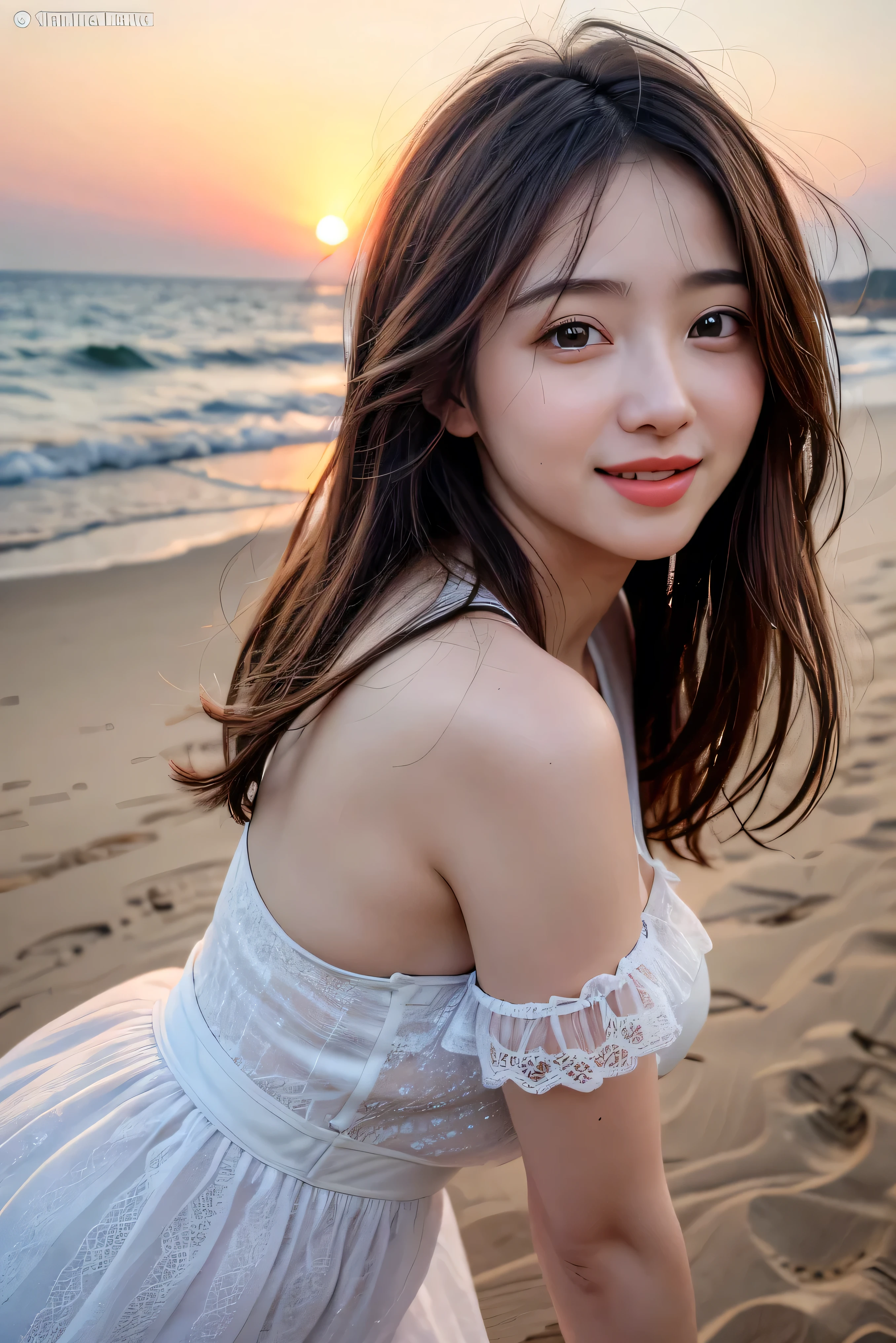 (RAW Photos, Highest quality), (Realistic, Photorealistic:1.3), masterpiece, Very delicate and beautiful, Soft Light, Beautiful detailed girl, (Detailed fingers), 1 girl, Japanese, Pure beauty, cute, young, smile, Beach,　sexy,　back