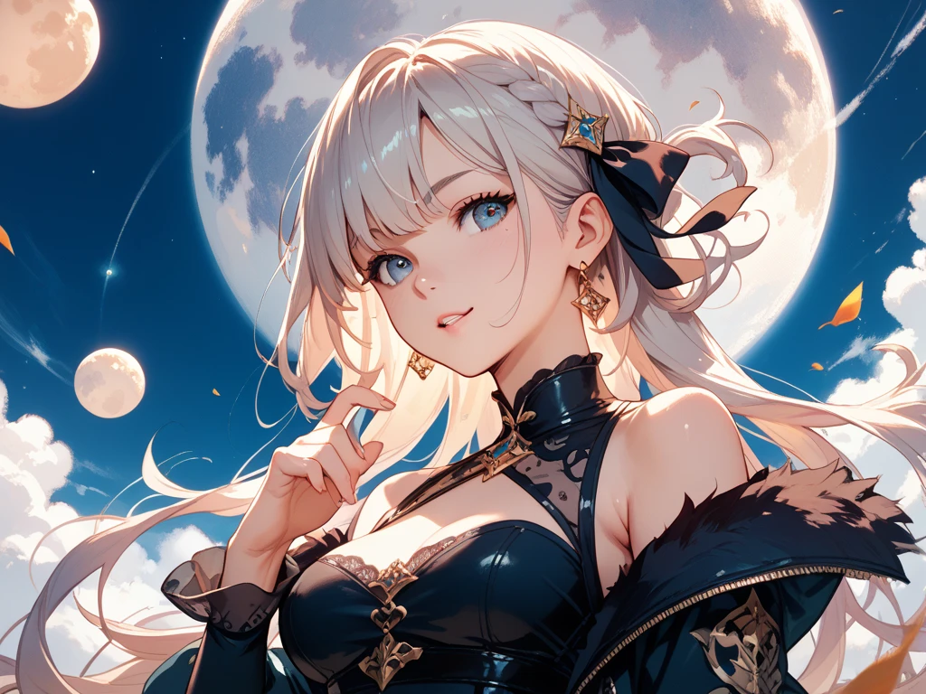Best Quality,Dynamic lighting,1womanl,Looking at Viewer,Starry sky,Moon,Dutch Angle,a beaver,Crazy eyes, make - up, Glowing eyes,split-colored hair, Hair Ornament, Choker, Black dress with white ribbon, Black jacket,