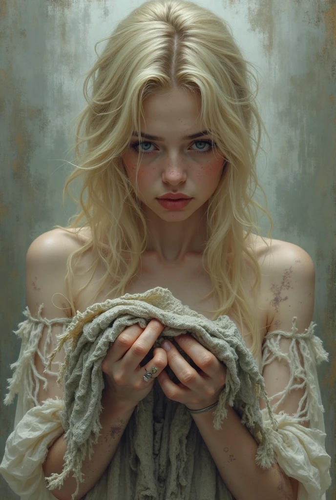 Chained golden white haired girl with honey colored eyes in dirty medieval clothes in a cell
