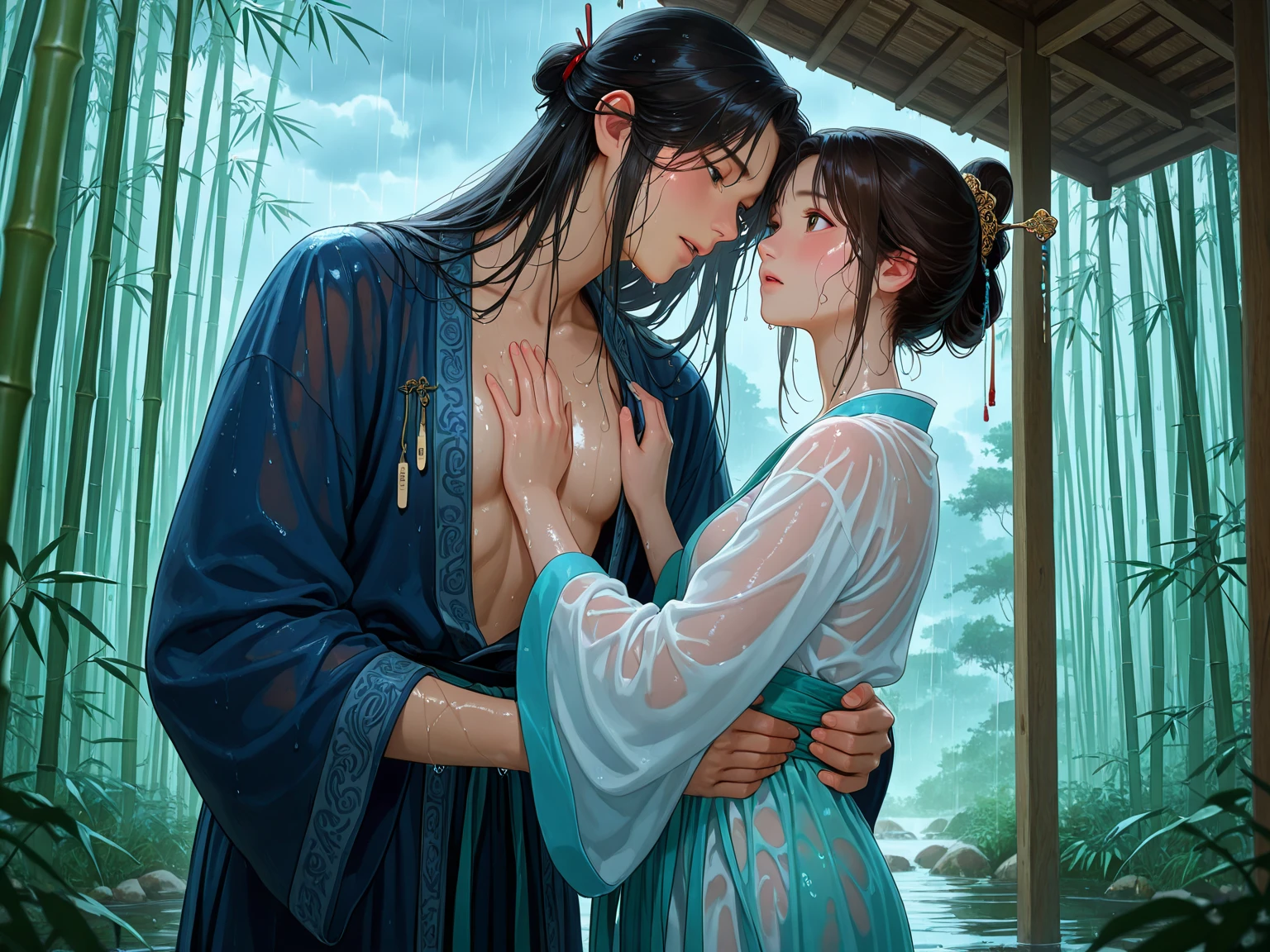 dense forest、forest、swamp、dim、A man and a woman alone、girl rapes man、bad girl、1 female、1 male、pretty girl、woman smiling lewdly、Girls' Hanfu is see-through、girl's breasts are exposed、beautiful nipples of a girl、naked men、the man is laid on his back、A man who was sexually assaulted by a girl、crying man、passive man、crying man、Man Getting、a girl rides a horse on a man、Cowgirl、vaginal ejaculation、Creampie、overflowing semen、NSFW