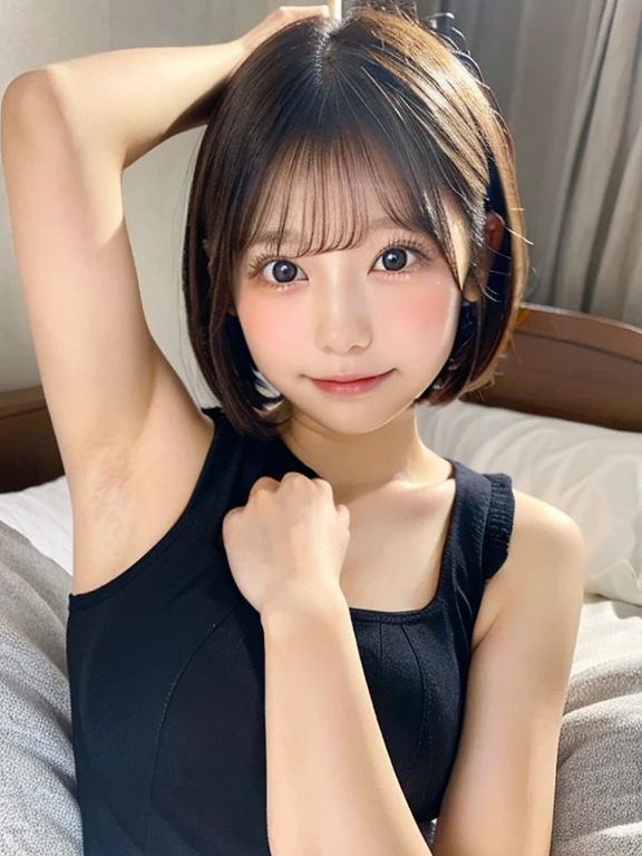 laughter、highest quality, one girl, (beautiful girl:1.3), (18-year-old:1.2), very detailed definition, (symmetrical eyes:1.3), (oversized white tank top:1.3), beautiful breasts, brown eyes, parted bangs, brown hair、(Nipples are noticeable)、smile、white teeth、stripping room、((shortcut、layer cut、shaggy、Hair on my cheeks))、high angle