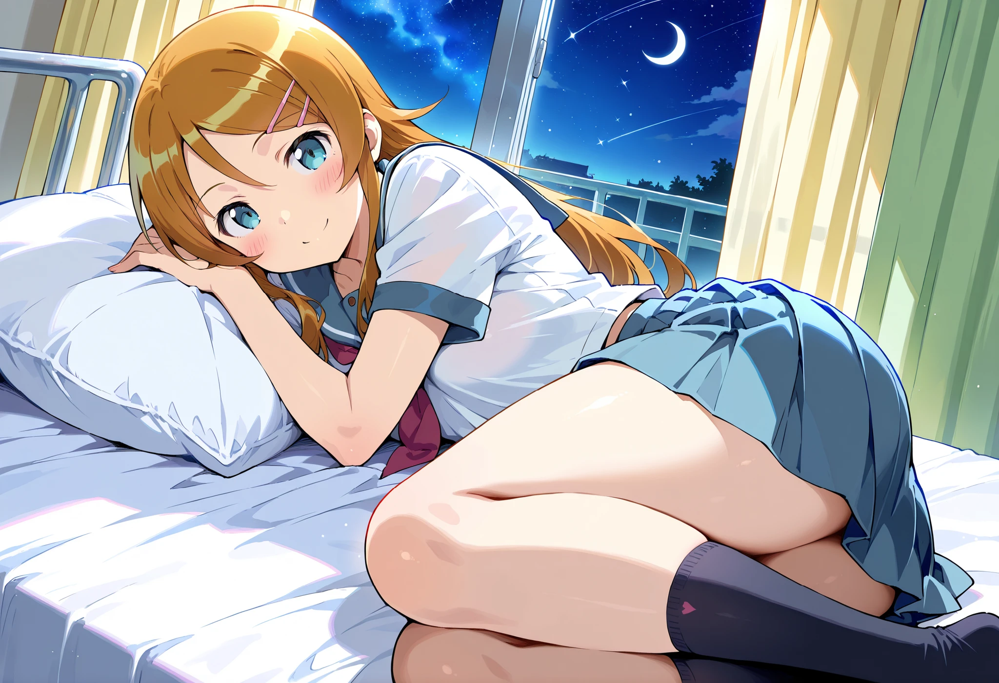 1girl,kousaka kirino, serafuku, blue pleated skirt,short sleeves, red neckerchief,black socks, ,smile,thick thighs,crescent moon, stars (sky),looking at viewer,Infirmary,bed on a futon