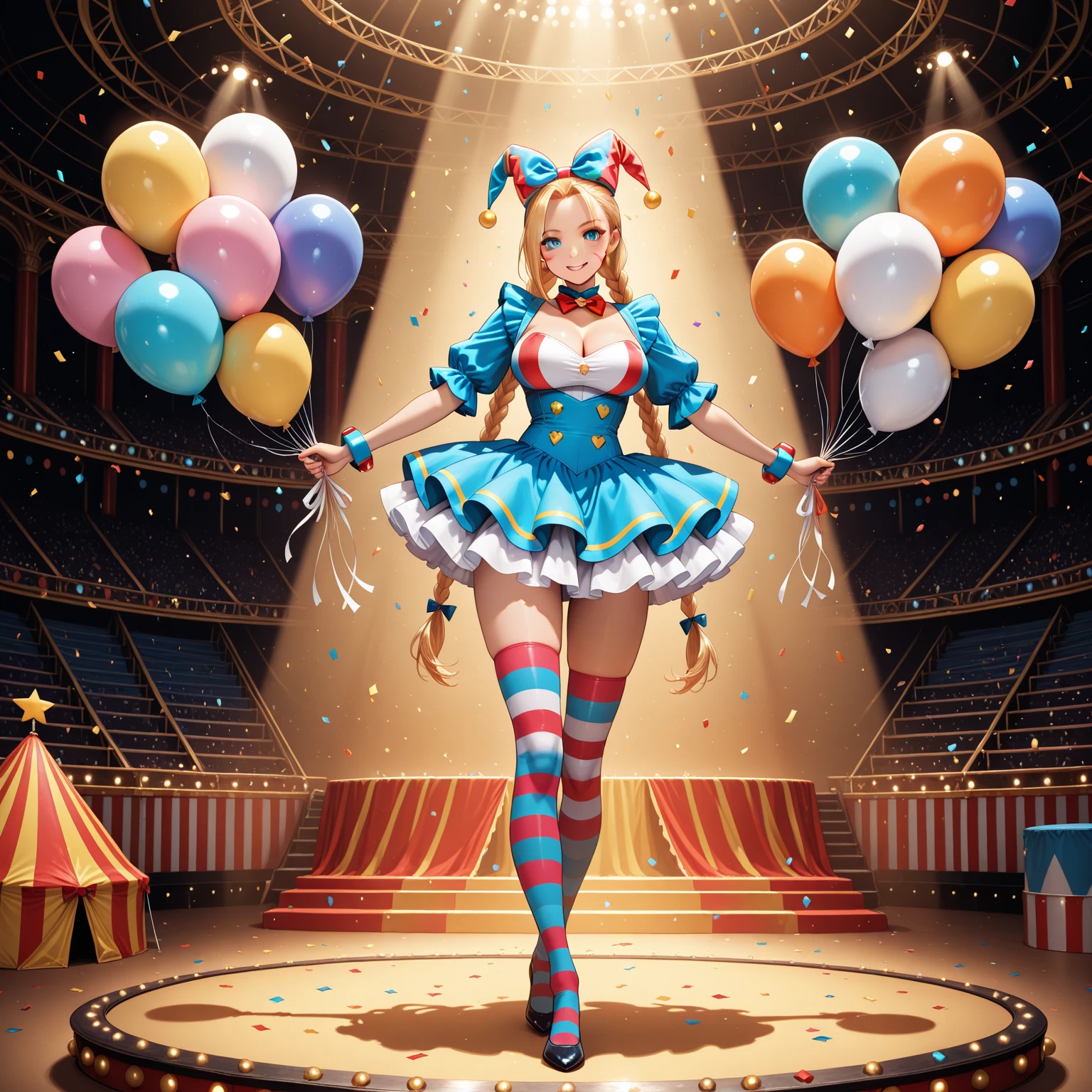 ((top quality, 8k, masterpiece: 1.3)), 1 woman, full body, smiling beautiful girl with many balloons, (blonde, twin tails) (big: 1.3, cleavage), cut abs, revealing, colorful clown outfit, ultra detailed face, (detailed eyes, double eyelids, color contacts, eye catch, catch light, long eyelashes), Sony α7, 85 mm, f / 1.4, ISO 100, balloons are multicolored, balloon designs various, Ueno Park,