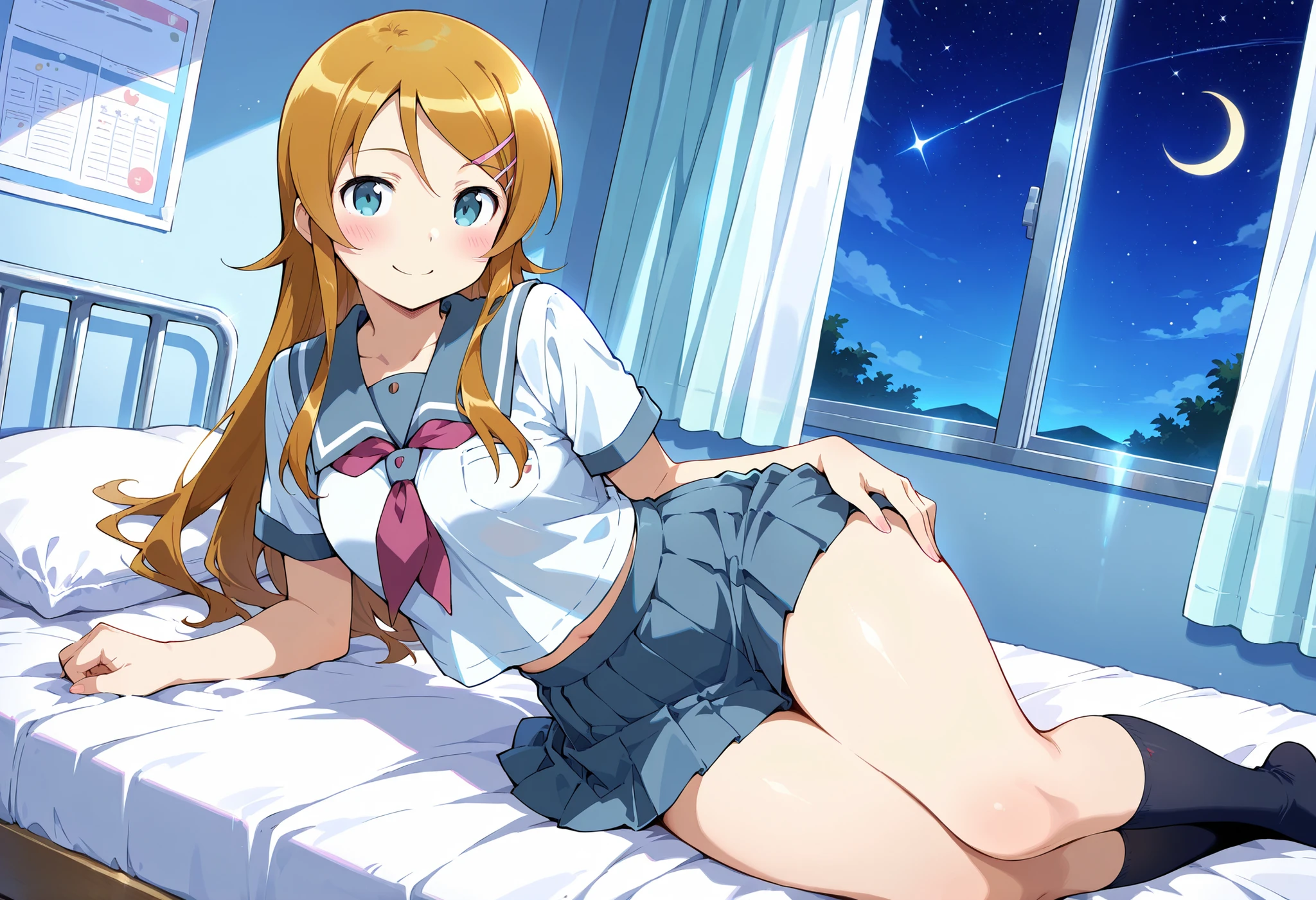 1girl,kousaka kirino, serafuku, blue pleated skirt,short sleeves, red neckerchief,black socks, ,smile,thick thighs,crescent moon, stars (sky),looking at viewer,Infirmary,bed on a futon