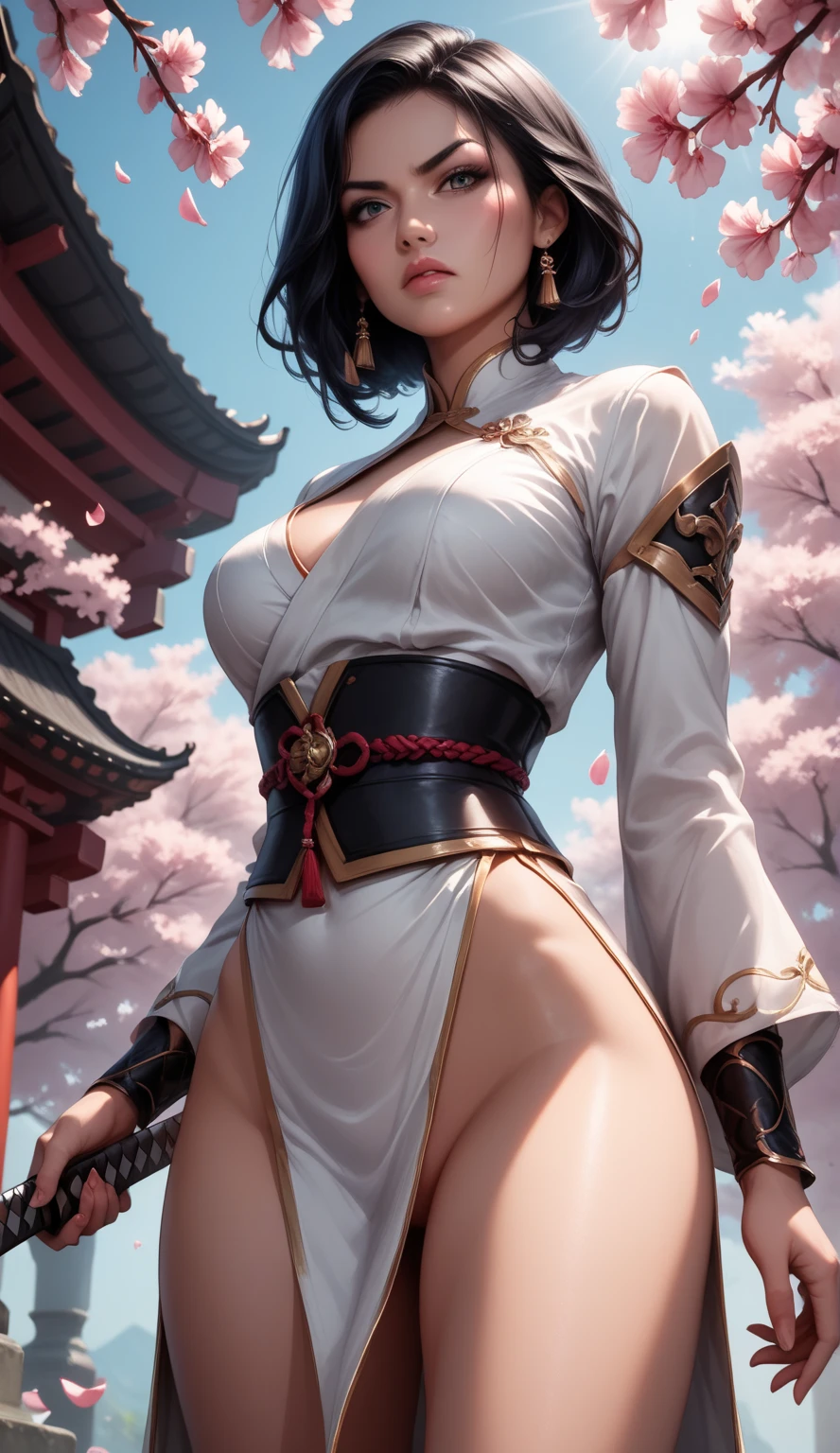 4k, high quality, soft light, cel shading, thick lines, short black bob hair, dark eyes, sexy, big breasts, thick thighs, wide hips, chinese dress, leg slit, muscular, toned, long flowing chinese dress, ornate, jewelry, hair bun, hair accessory, sexy anime lady, thicc, thick lady, thick hips