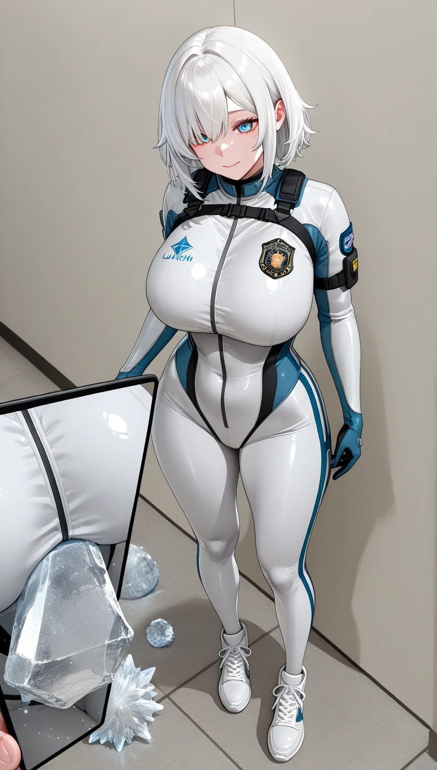 POV: (((huge ))) Riley Reid in sexy cop suit, slim body, slim thick, curvy silhouette, smiling, 12K HDR, beautiful face, ultra-detailed, masterpiece, ((horny against the wall pose)), white hair