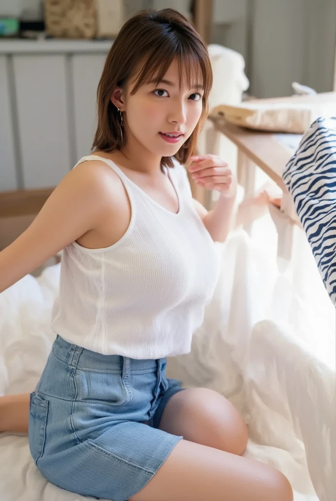beautiful,K-POP idol,japanese idol,japanese actress,High resolution,beautiful skin,8K,RAW photo,highest quality,masterpiece,realistic,photo-realistic,clear,professional lighting,beautiful顔,highest quality,超High resolution,sexy,beautiful唇,white teeth,beautiful歯列,smile,denim mini skirt,high heels,bikini