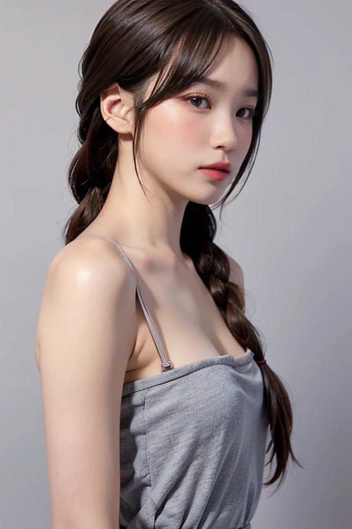 best quality, masterpiece, ultra high resolution, (realistic:1.4), RAW photos, 1 woman, simple grey background, reply, looking at viewer, sleeveless