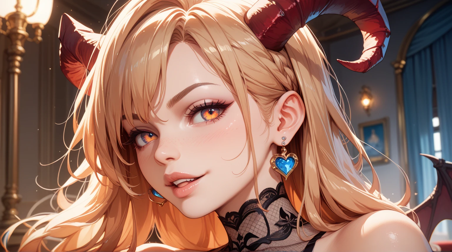 text, Highest quality, masterpiece, 4K, Absurd resolution, Ultra-high resolution, 8k, , Realistic, Bright colors, Bokeh, Vibrant color palette, Great studio lighting, Very detailed, Detailed eyes, Detailed skin, Detailed Hair, Detailed face, Detailed fabric, BREAK, YamatoV2(one piece), sexy Pose, Perfect body skinny, Fine and beautiful eyes, Beautiful Lips, Highly detailed face, Long eyelashes, sexy, horn(Wrapping , Left and right pair, multicolo Red), large breasts , Cleavage, Slim waist, smile, Torn clothes, Loincloth, Hands in chains, Very detailed, Bright colors, ,The clothes are see-through , full-body, dynamic angle, (background is Japanese Castle)