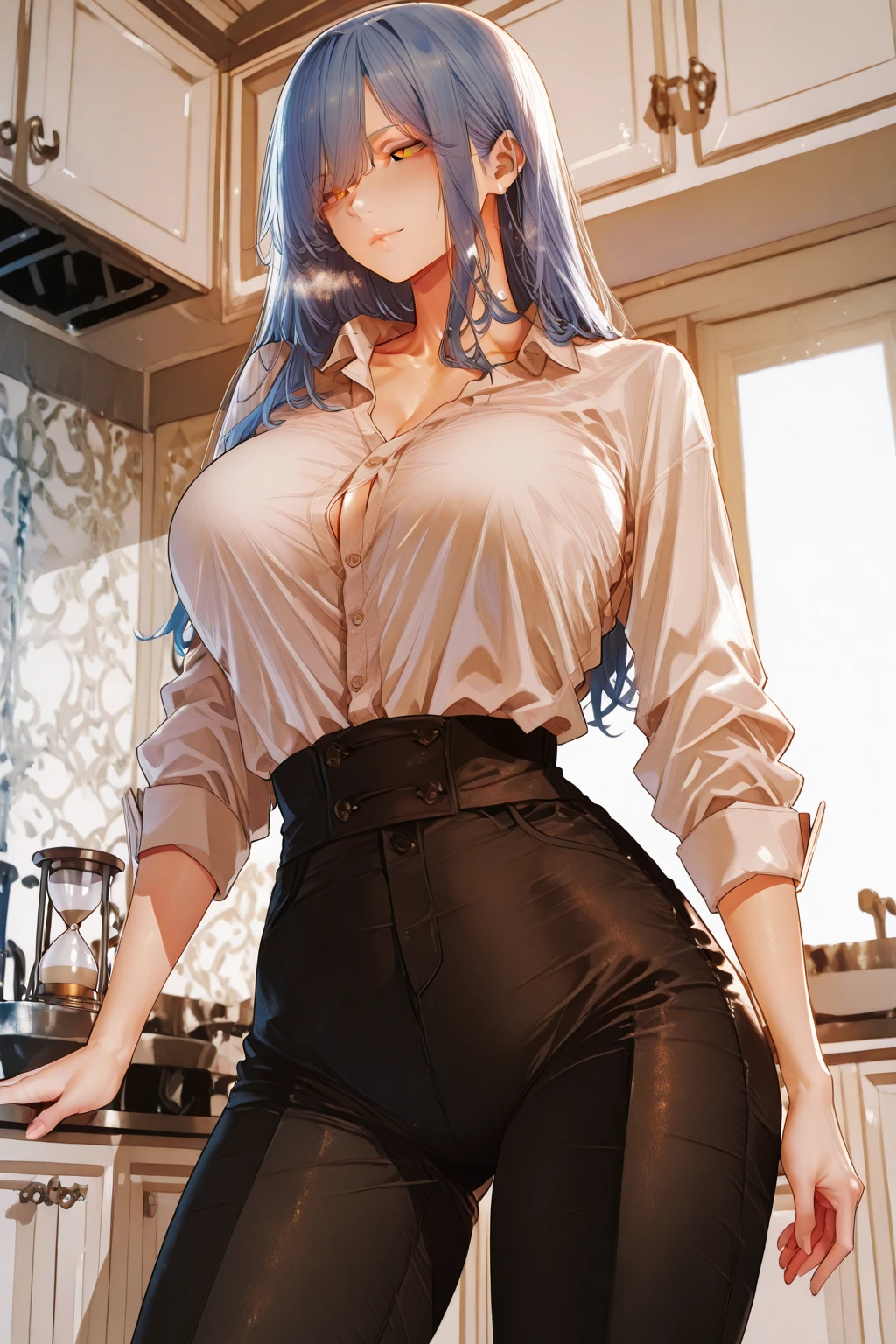 realistic, masterpiece, best quality, high definition, sa1, high school girl, single, solo girls' changing room, sweat-soaked silver hair, blue eyes, sweat-soaked school uniform, (pantyhose), white shirt, skirt, black skirt, navy blue high socks, sweat-wet skin