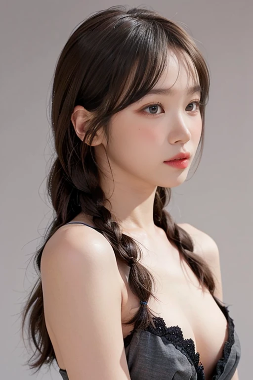 highest quality, Realistic, 8K, High resolution, 1 Girl, woman, (Skin dents), (Portraiture:0.6), nice, ((White Background, naked, Small breasts:1.65)), (Brown hair in braids, Parted bangs:1.4), Watching the audience, (1 Girl eyes Watching the audience:1.6), Realistic, (Bokeh), (Closed Mouth, smile:1.3), nice, Purelos Face_V1:1,Upper body close-up、
