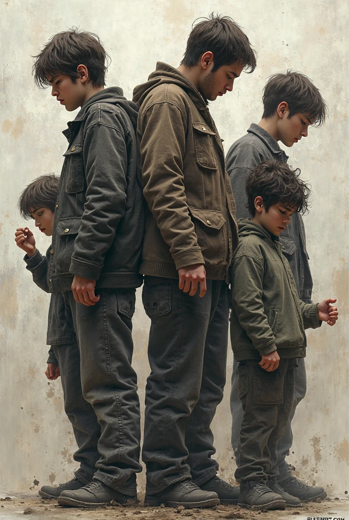 Father and two boys, A father stands and strokes another boy's head., and the son is standing next to him and he is in pain