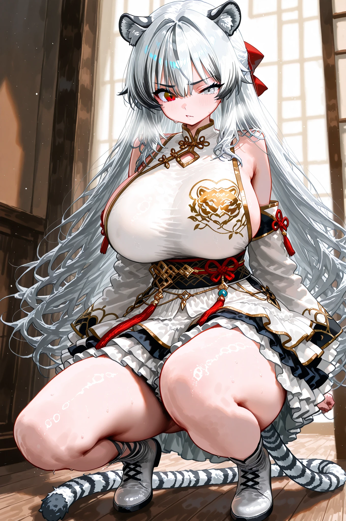masterpiece、highest quality、8k.smile、blush、older sister、cute high school girl、thin waist、big breasts、panties、skirt lift、off shoulder、white bikini、thin thighs、white knee high socks、hands behind head、beautiful armpits、valley、sexy pose、shiny thighs、dynamic pose、cowboy shot、Silver paper、ponytail、crawl on all fours、spread legs、Sex appeal、Bewitching、fantasy、white santa cosplay、white nurse uniform、Cat ear、White leather jacket、gorgeous embroidery、kimono、Beautiful white dress、full body tights