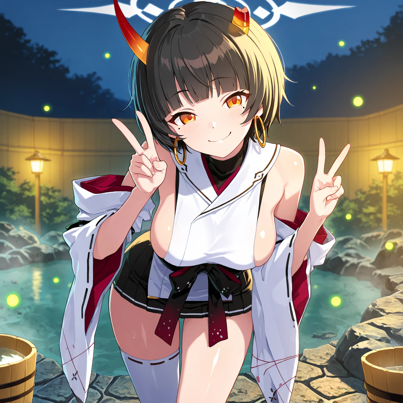 shuten douji \(fate\) , bob cut, fang, horns, purple eyes, purple hair, thick eyebrows, oni, oni horns, (completely nude:1.5)
BREAK
onsen, bathing, night, full moon, night sky, wet, steam, tokkuri, sakazuki, smile,
BREAK
(wide shot), nsfw,