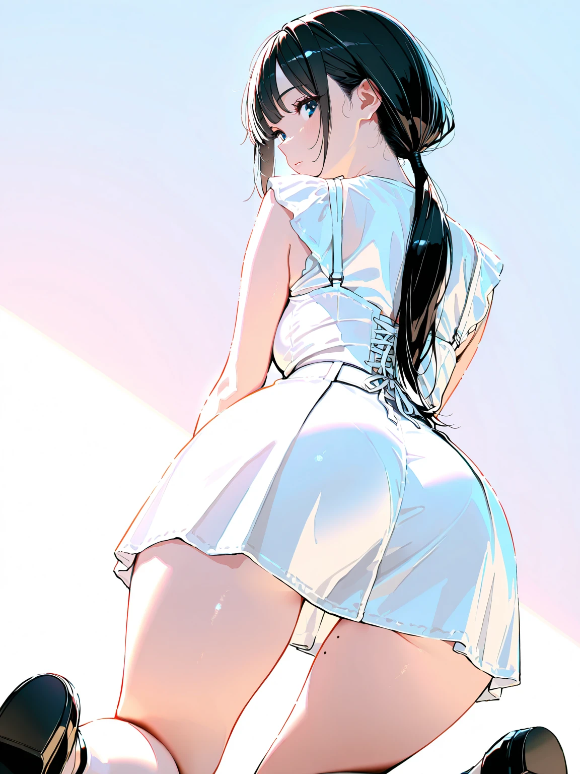highest quality、High resolution、detailed background、Beautiful and dense face、beautiful and smooth skin、skin texture、
10代のcute美少女、braided ponytail、huge breasts、big ass、perfect body line、emphasize the chest、emphasize the buttocks、Floral embroidered panties、luxury hotel、on a wide bed、Sexy on all fours、(Close-up angle of butt from behind:1.2)、((Sleeveless sailor dress made of see-through material:1.5))、white overknee socks、
look at me with cold eyes、underboob、cute、sexual expression、panty shot、camel toe