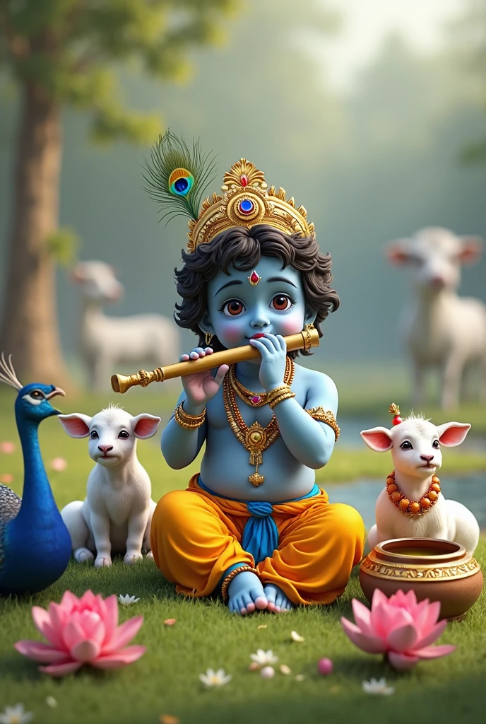 Create Janmashtami  poster 
Litel krishna eat makhan 
There friends and animels are also standing near karishna
And in krishna's hand one flute 
