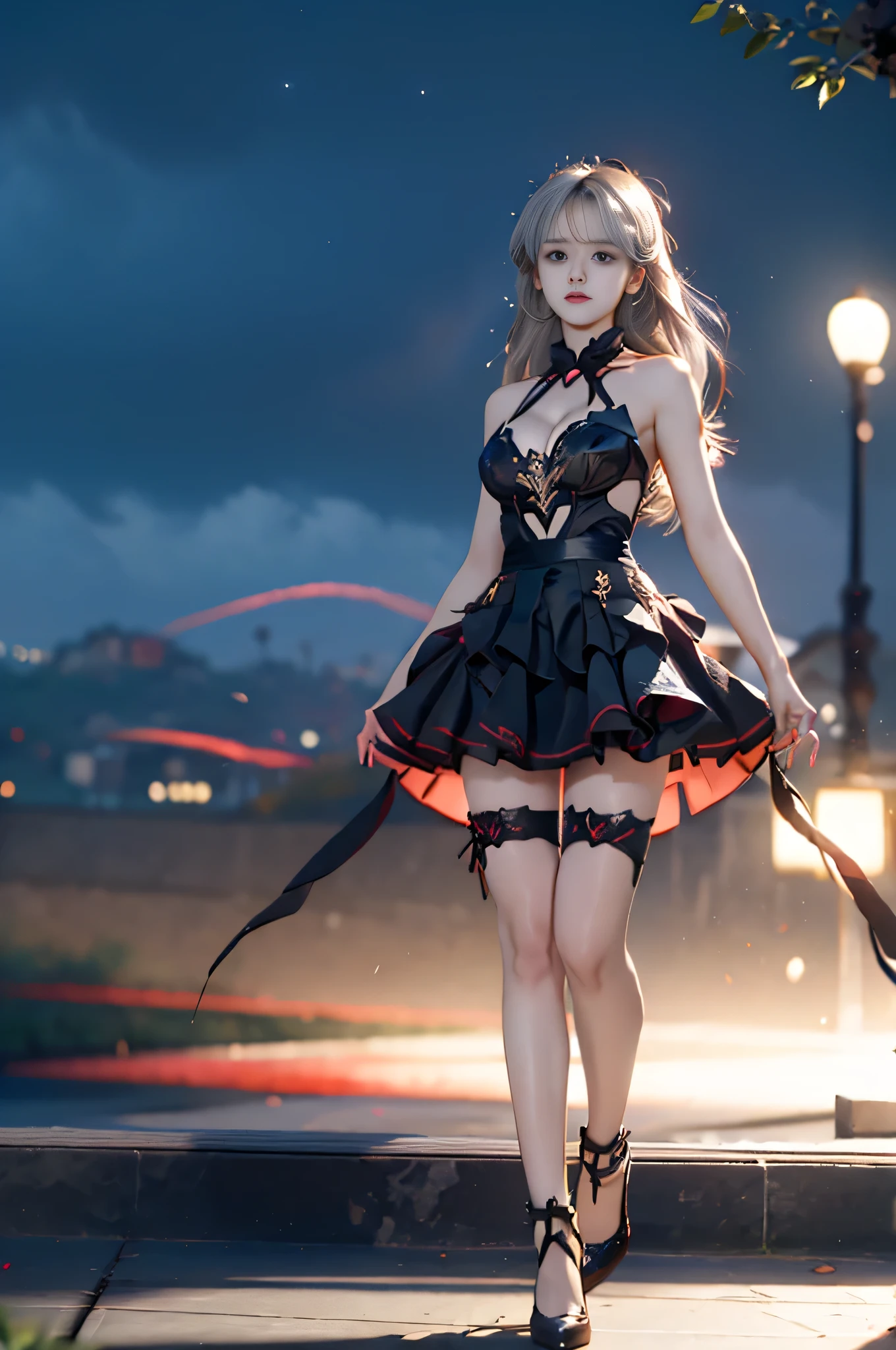 ((Biologically correct limb count)),(( From head to toe,Full-body photo including face)),4K,((Standing position)),masterpiece,((Focus on the face)),((Symmetrical facial features)),Eyes with detailed description,Beautiful woman,Great style,Beautiful arms,Beautiful legs,Beautiful Hands,(Small Ass,Thin thighs),Detailed depiction of the face,Small earrings,necklace,(Latex clothing,mini skirt((High heels,Patterned fishnet stockings))),Realistic photo,Short Hair,Stand at an angle,Meeting