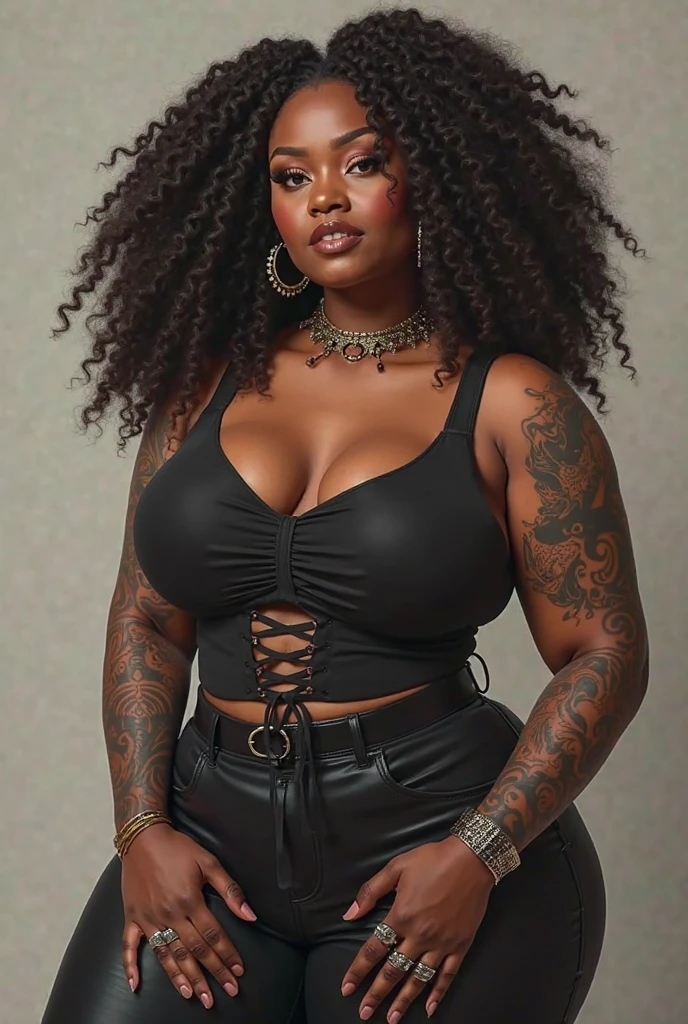 Chubby woman with dark brown skin, black curly hair, green hair tips, black rose tattoo on her left shoulder, snake tattoo on her right forearm, dressed in a black strap top, dressed in black leggings, medium breasts, rounded face, with thick eyebrows, dark eyes, ring piercing in the nose, ring piercing in the lips, illustration