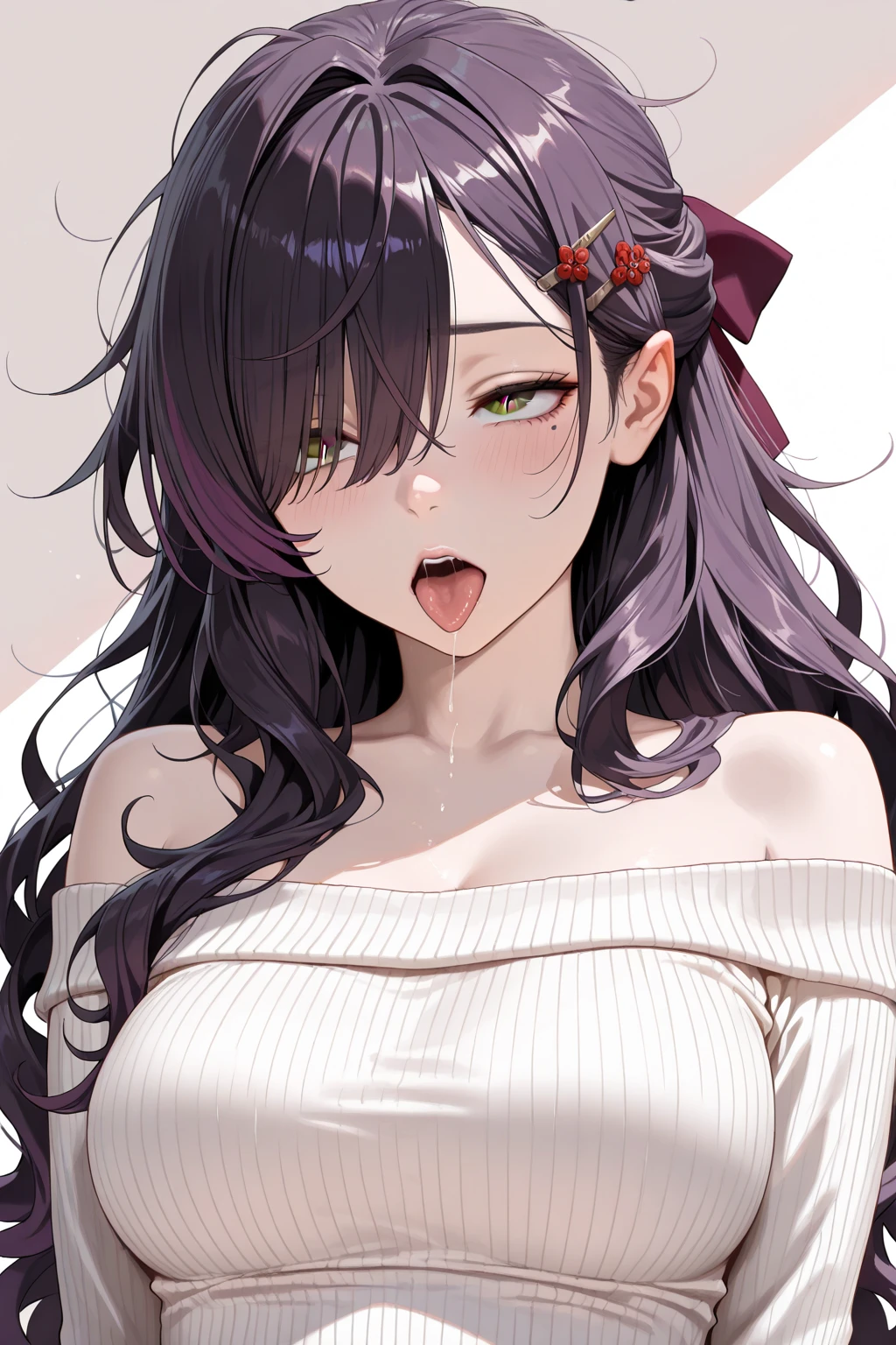 azki_(hololive), 1girl, solo, multicolored hair, pink hair, purple eyes, black hair, hair between eyes, white dress, brown dress, brown jacket, jewelry, long sleeves, x hair ornament, bangs, bracelet, long hair, streaked hair, hairclip, large breasts,,(masterpiece),(best quality),(ultra-detailed),(best illustration),(best shadow),(absurdres),(very aesthetic),(detailed background),looking at viewer,in bedroom,in heat,horny,heavy breath,, cunnilingus gesture,open mouth,stick tongue out,long tongue,front view,portrait,close up,half closed eyes,drooling,seductive smile,
