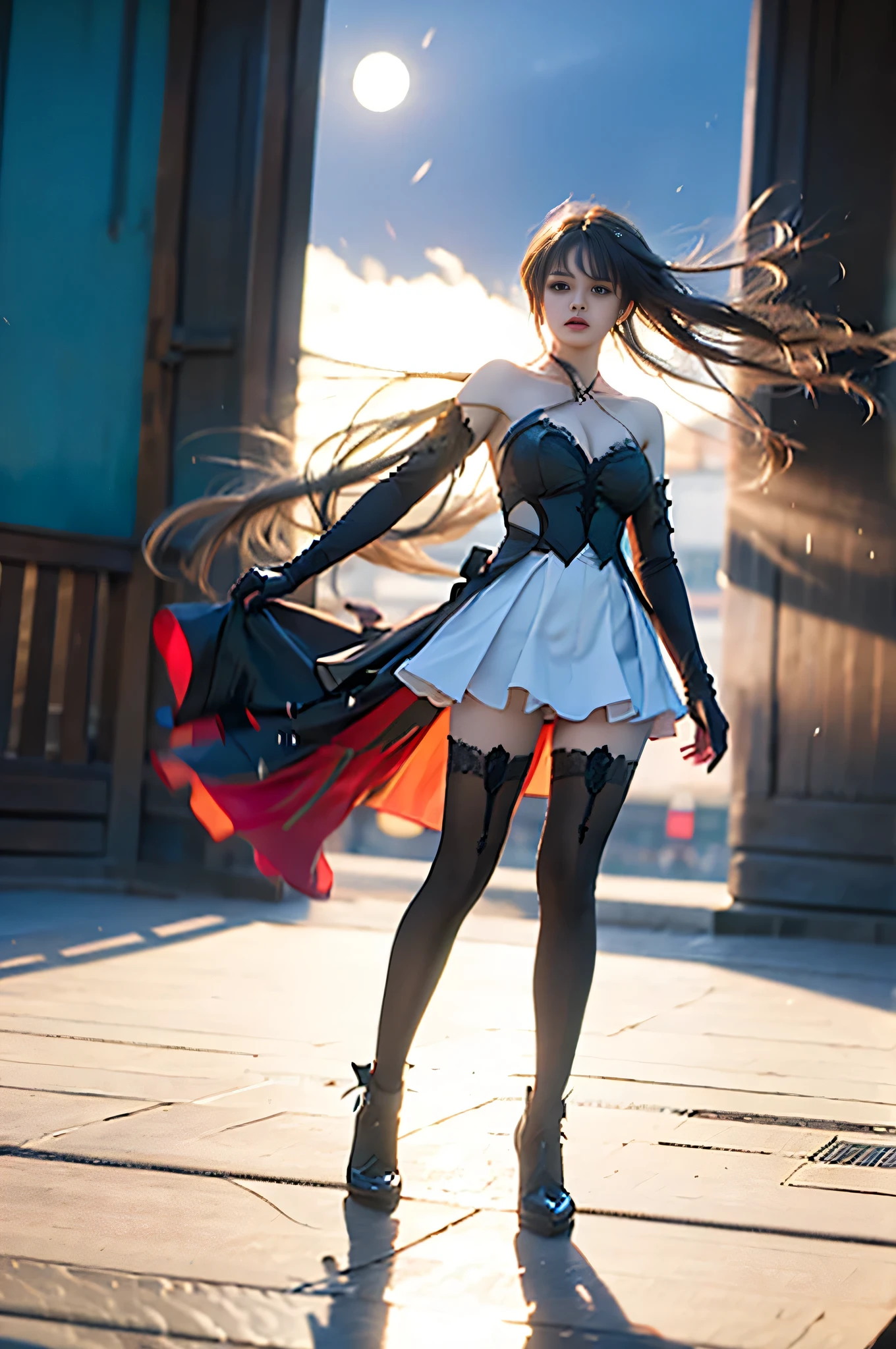Masterpiece, top quality, high detailed, detailed face, bright eyes, outdoors, blur background, dynamic poses, dynamic angle, from front, (def1), standing, full body, large breast