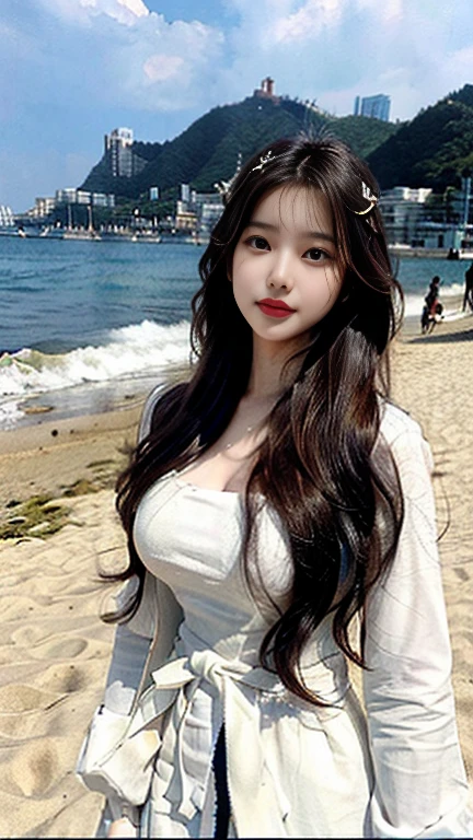 long flowing hair、Strong winds、Purple eyes、Shining Eyes、photo Realistic、 (8k, highest quality, masterpiece:1.2), (Realistic, photoRealistic, photo-Realistic:1.37), Very detailed,Fine and beautiful eyes, Beautiful and detailed nose, Light Brown Hair, blonde, Mole under left eye, Highlighted Hair, Big Breasts, Perfect body, Perfect breasts, Perfect Abs,Mr.々A pose,Full body photo,Seaside,Tropical Sun