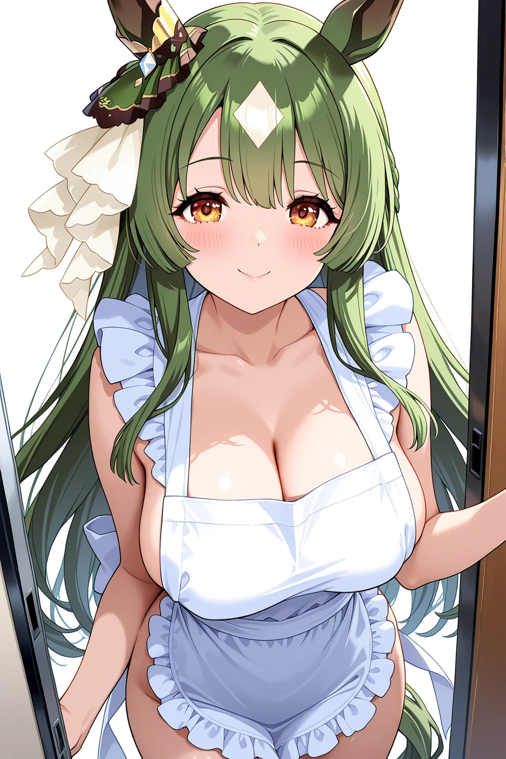 masterpiece, score_9, score_8_up, score_7_up, source_anime, best quality, extremely detailed, 1girl, milf, solo, (dark skin, black skin:1.8), Atalanta, (huge breasts), ((((gray hair), long hair, yellow eyes))), parted lips, (((naked apron, frilled apron))), ((naughty smile), closed mouth), ((rooftop))