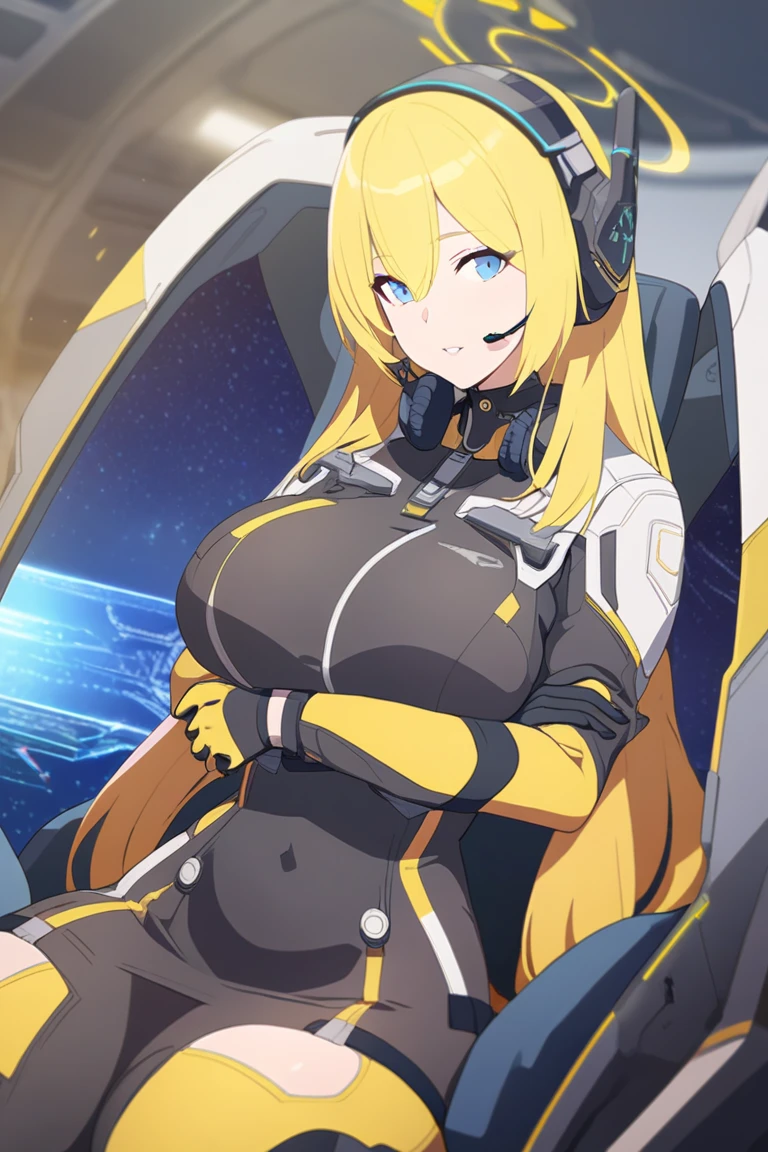 young woman, 21 years old, thick thighs, curvy body shapes, Science fiction, yellow hair, sexy costume, smile, fun