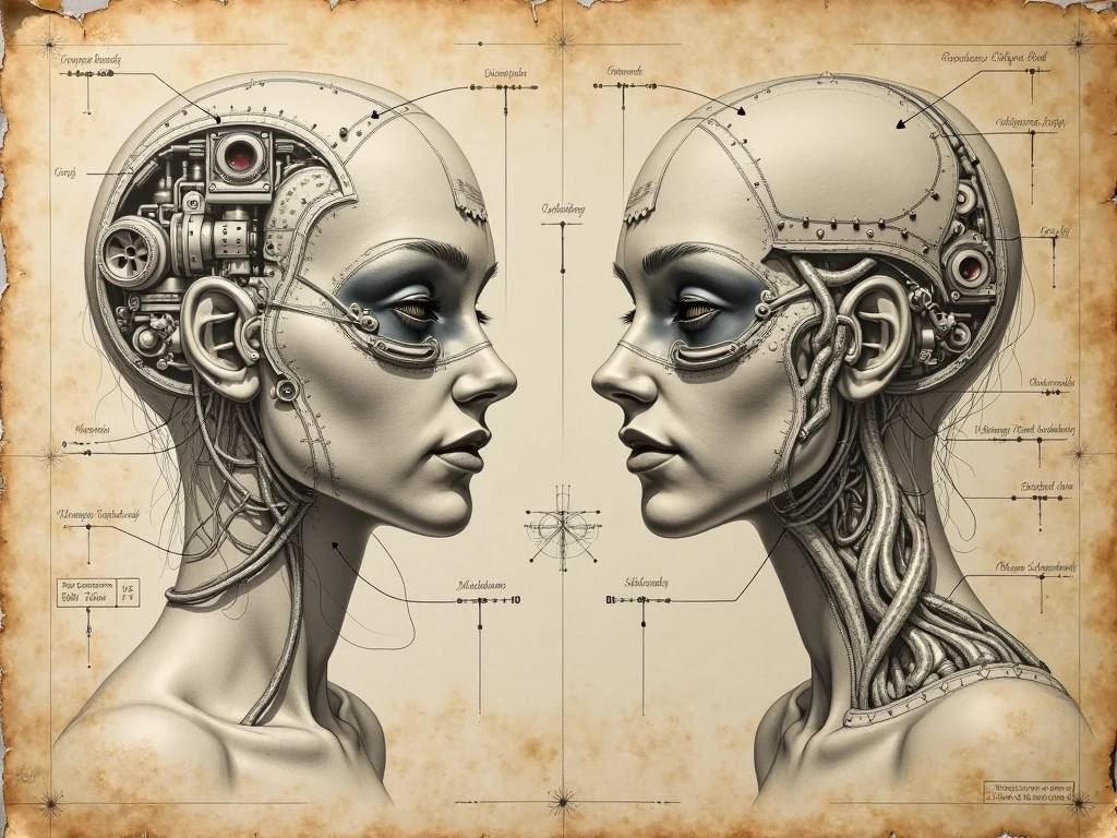 DaV1nc1, a number of different sketches of biomech charactures with different facial expressions in the style of davinci's ink sketches on sepia paper, with annotations