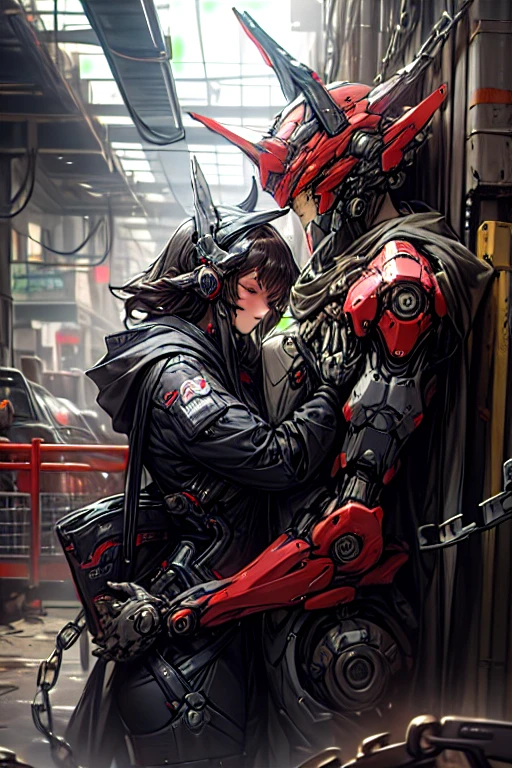 horror style, super fine illustration, highly detailed, dynamic angle,masterpiece,high quality, best detailed, 8k, On the way home from school, in a red rainy city, Taking a break A high school couple, a droid man and a droid woman, both under one weapon umbrella. They are walking home. They look at each other and smile.human_no,MECA,robot,cool,dark,Romeo and Juliet,Tears flowing