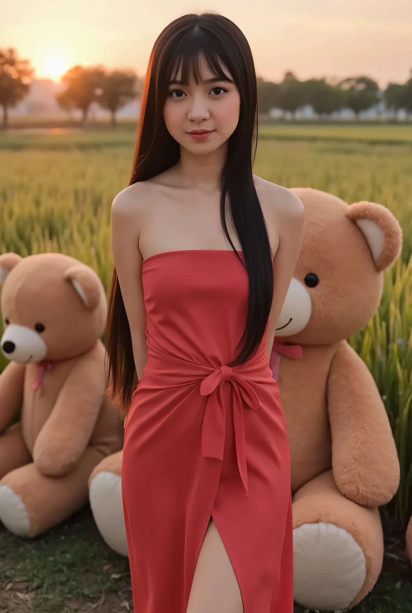 CREATE CUTIE ANIME CARTOON 3D PHOTO, Cute Small, Visible female panties, front posing, ("Facial expression in closing mouth"), Both hands lying behind the back, (photorealistic:1.6), background rice paddy. Waktu Senja atmosphere, (((please don't showing any finger!!!))), (TIGA HUGE TEDDY BEAR)), hands behind back, Look from the front you are stupid!, wearing Fully RED unbuttoned tight cheongsam strapless dress. (blink pink eyeshadow & pink eyeliner) PLEASE DON'T PUT ANYTHING ROPE AT MY CLOTHES!!!. BOTH HANDS PLACED BEHIND THE BACK , SILFOE PHOTO, black hair bang style long straight. (Flat chest) Body is very thin and has not eaten for three months