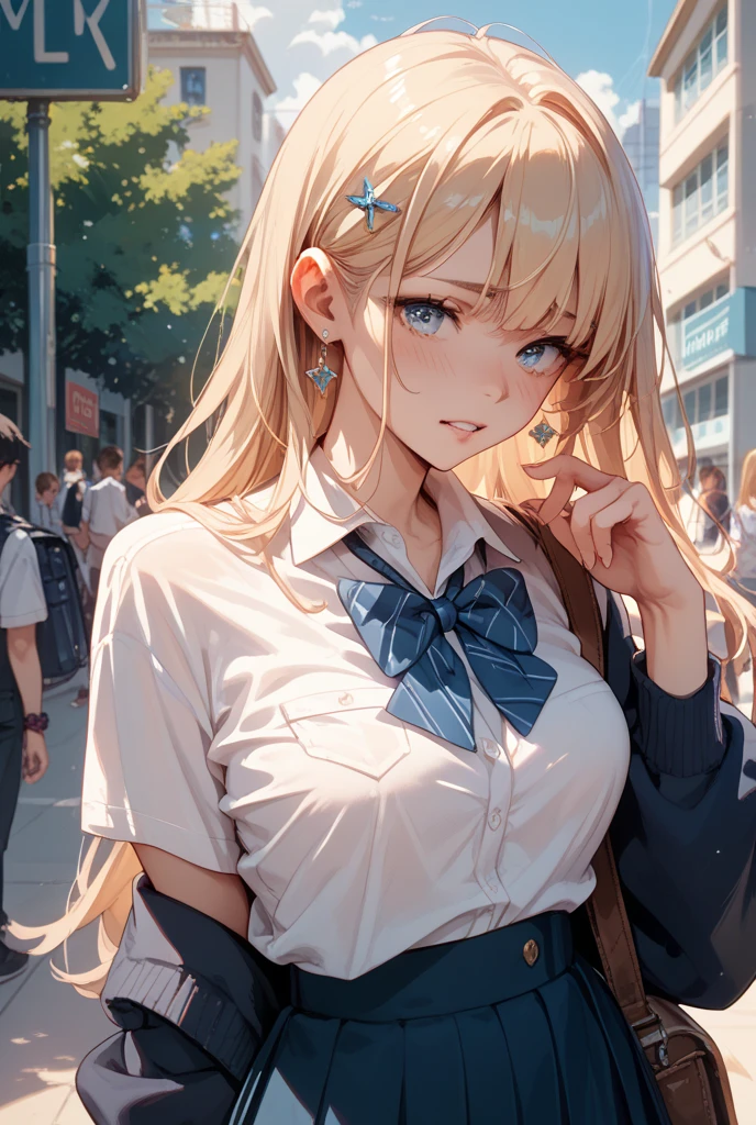 A girl in a blond school uniform is showing her short, straightened skirt