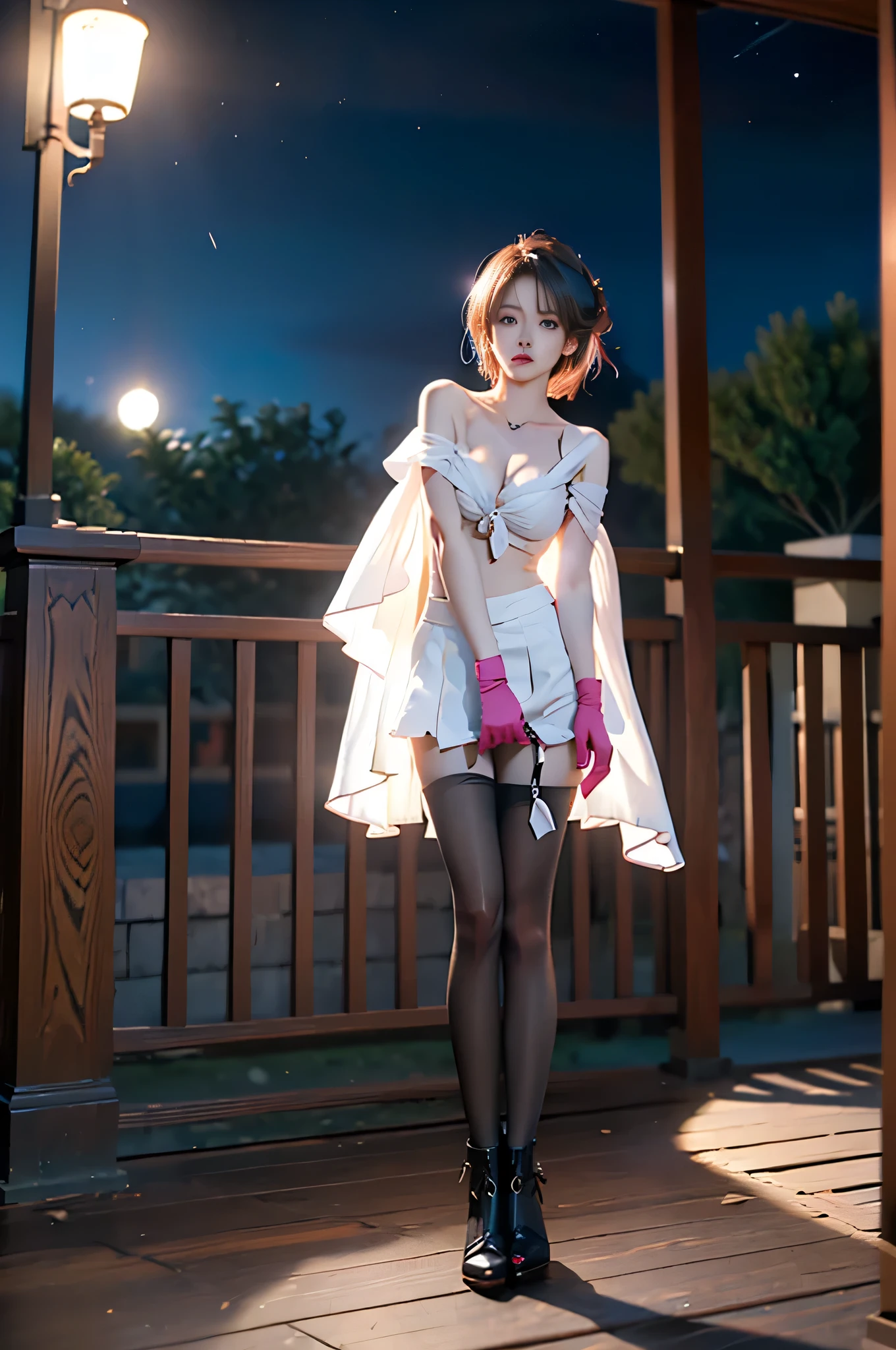 dengsfl,broken clothes,torn clothes,multicolored hair,1girl,multicolored eyes,bandages,bandaged arm,pantyhose,black footwear,pink gloves,single glove,torn pantyhose,short hair, ,,((full body, from below)), (masterpiece, best quality, ultra-detailed, 8k), realistic, a beautiful sexy long-legged model ((Random scene)), ((Random posture)), (I-type Valley), (Full breasts, visible cleavage, very short skirt hem, exposed shoulders), (Tyndall Effect), (At night,:1.3 moonlight:1.3), seductive pose, perfect and symmetrical leg anatomy, soft natural lighting, (wind blowing gently:1.1), (ambient lighting:1.2), bokeh, cinematic shot, dynamic angle, professional photography, shallow depth of field, sharp focus, vibrant colors, (slightly tanned skin:1.1), (natural makeup:1.1), (delicate features:1.1)