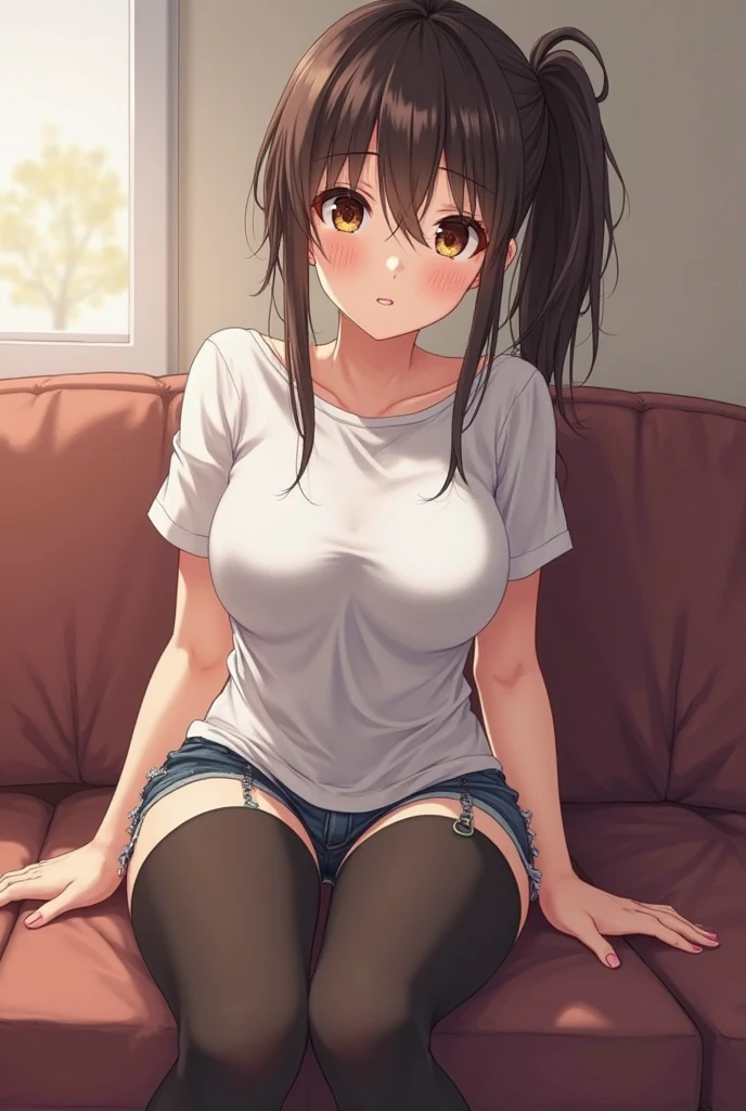 Mother and daughter, shade of yellow eyes, wearing white t-shirt, and pulled down showing red underwear to viewer, denim shorts, city, showing nipples, shy, blushing, nsfw, touching , spread legs