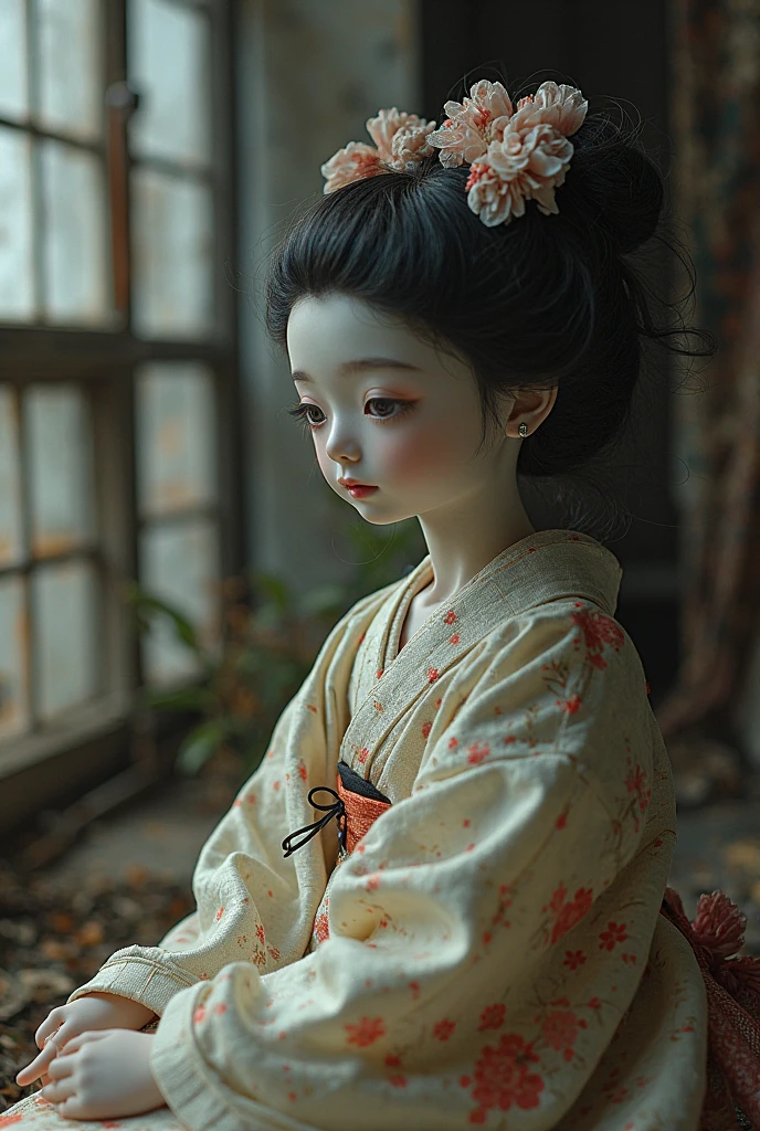 Super Real、Exquisitely crafted Japanese semi-long black hair(((Stuffed Animal Girl)))、A white yukata made of thin, almost transparent fabric、Dimly lit human taxidermy studio、Behind him is a partially constructed stuffed human body with its torso cut off.