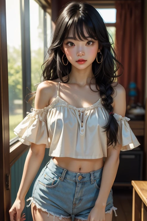 <lora:doll6:0.6>1girl, twintail, upper_body, Tie-front crop top, Printed maxi skirt, Flat sandals, Tassel earrings, and bangle bracelets.