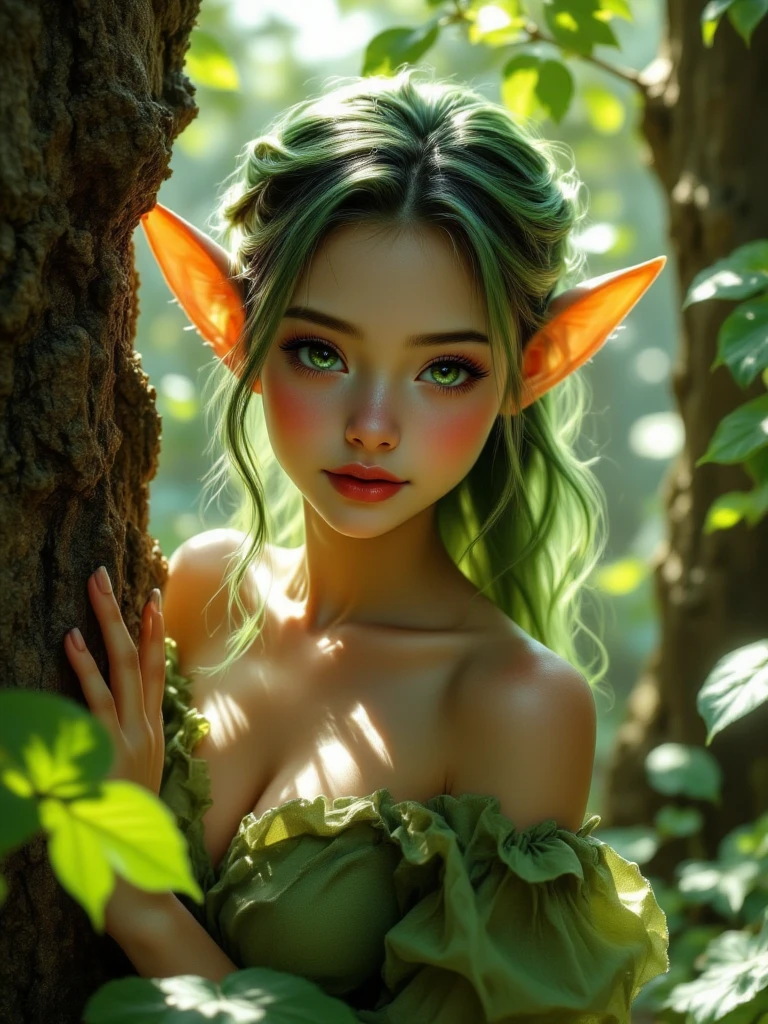 Full Body Portrait, Forest Elf, (Best Quality, 8K, Masterpiece: 1.3), Green Hair, Petite Body, (Beautiful Detailed Eyes), (Super Detail), (Desktop Wallpaper), (Detailed Face), Ray Glow, Optical, Panoramic Illumination, Atmospheric Perspective, Dawn, Anti-Aliasing: 5D, Light Painting, Color, Beautiful Face, Perfect Body Beauty: 1.4, Clear Facial Features, Symmetrical Transparent Wings, Stunning Details, NSFW: 1.07