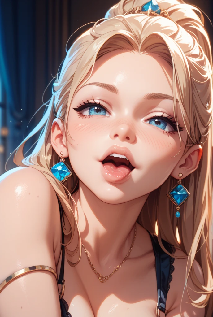 expressiveH, masterpiece, best quality, ultra-detailed, higres, 1girl, solo, mature female, beautiful and perfect face, detailed eyes, detailed eyelashes, aheago, full-face blush, double V gesture, looking at viewer, blonde hair, low ponytail, gray dress tank top, wide hips, curvy, standing, upper body, pov, from front, from above, close shot, accurate describe shapes, dramatic lighting, indoors, view of the bedroom, in the bedroom