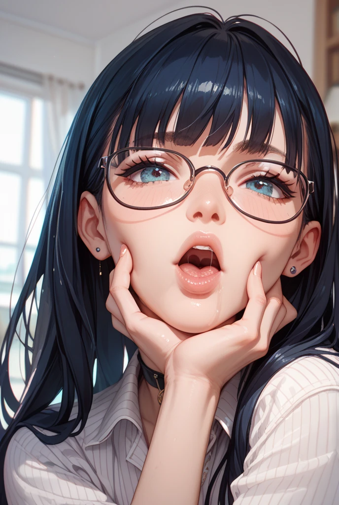 Erotic、Bedroom、Completely naked、slender、Smooth, very beautiful, white skin　A girl about 、Expressionless　Glasses、Black Hair、Sweat、Close-up of face　child　Small　Big eyes　Small breasts　Mouth up　Blowjob　Sucking dick