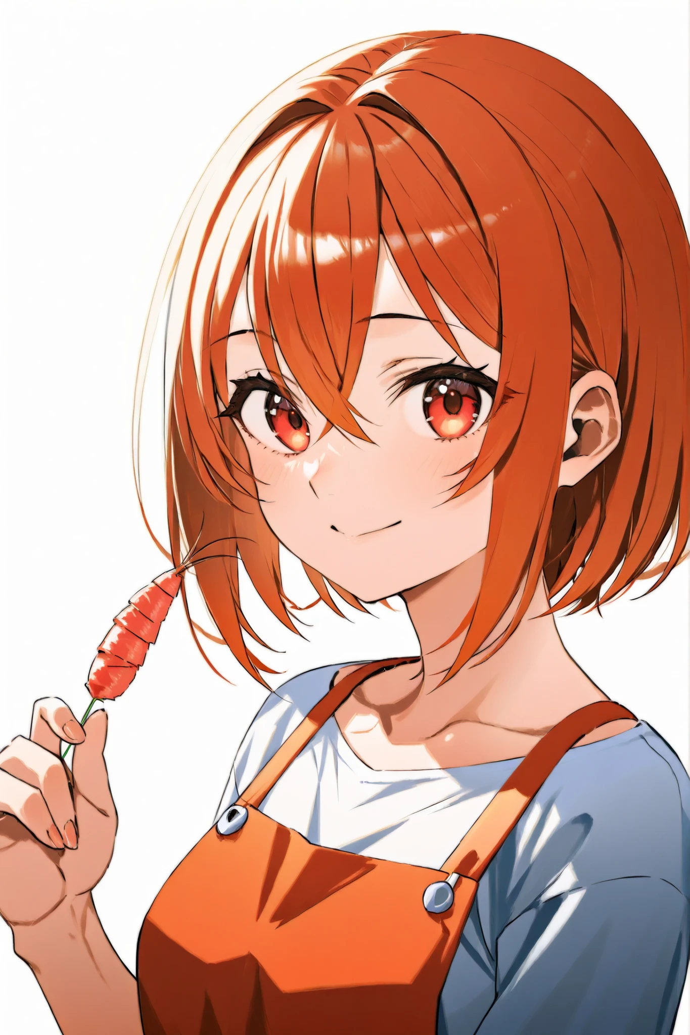 one woman、Clothes based on orange color、Apron、orange hair、bob hair、red eyes、Smile Yan、cooking in the kitchen、Delicious food、There are many shrimp families around、(80mm portrait lens、F1.8、Shot at ISO 100)、RAW pictures、cinematic lighting:1.3