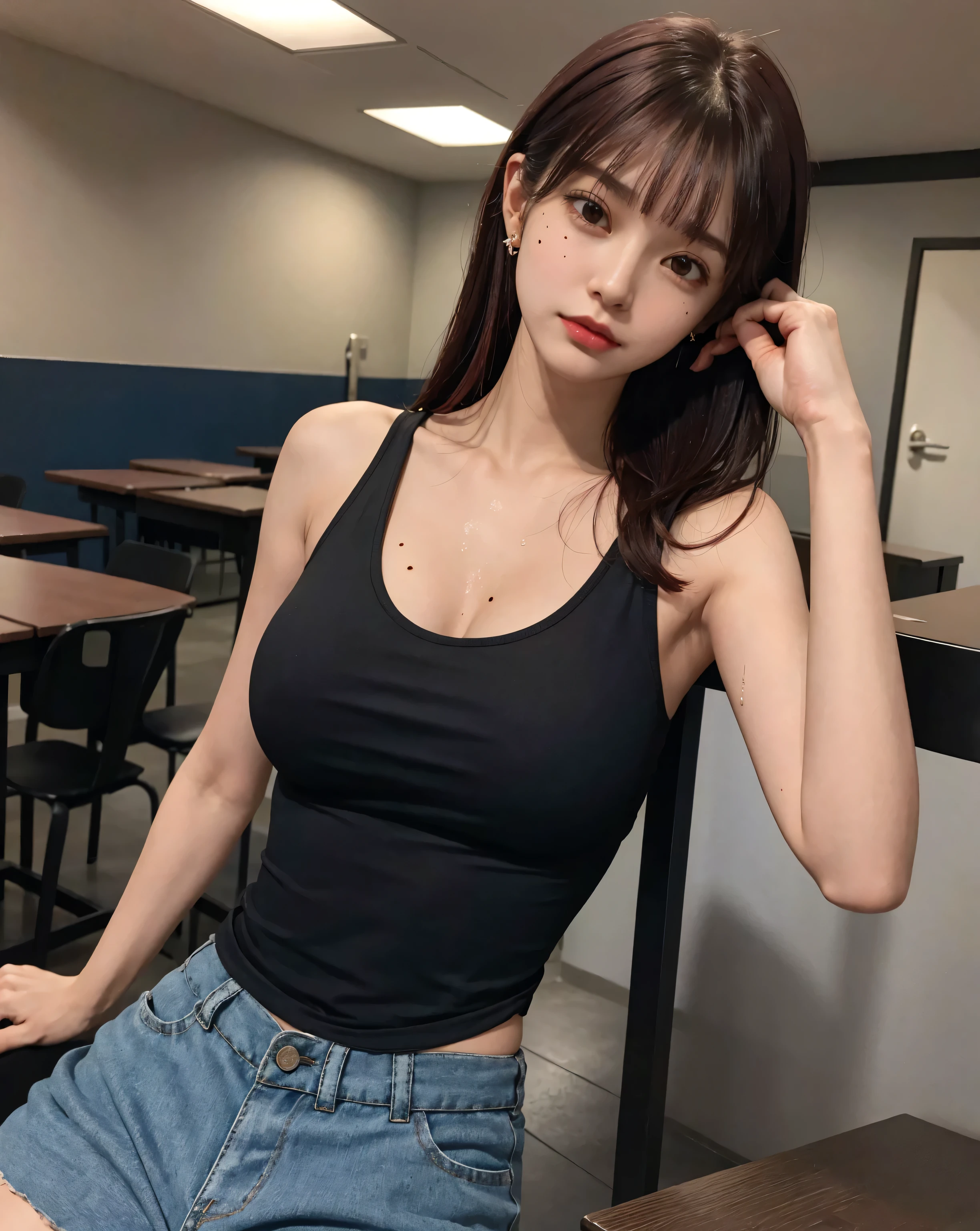 （realisitic， high resolution：1.3）， 1 girl with a perfect body， super fine face and eyes，longye hair， Random color tank top：1.2， short jeans， large breasted，Expose cleavage