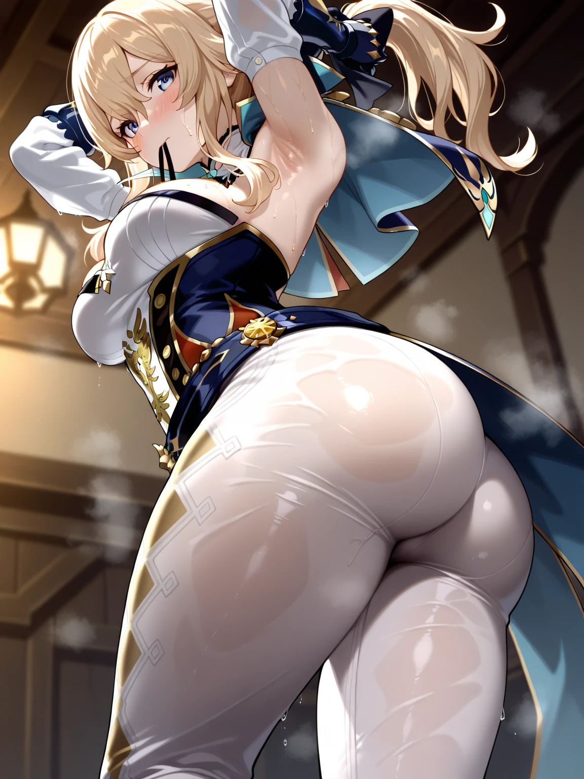 priestess_goblinslayer, blonde_hair, long_hair, blue_eyes, hat, bangs, masterpiece, best quality, yellow gas, attack with farts, sticking out the butt, anus, ass focus, Presenting, Embarrassed, Sweat, smirk, pleasure, pubic hair, little boy, attacked by fart, holding nose, pain